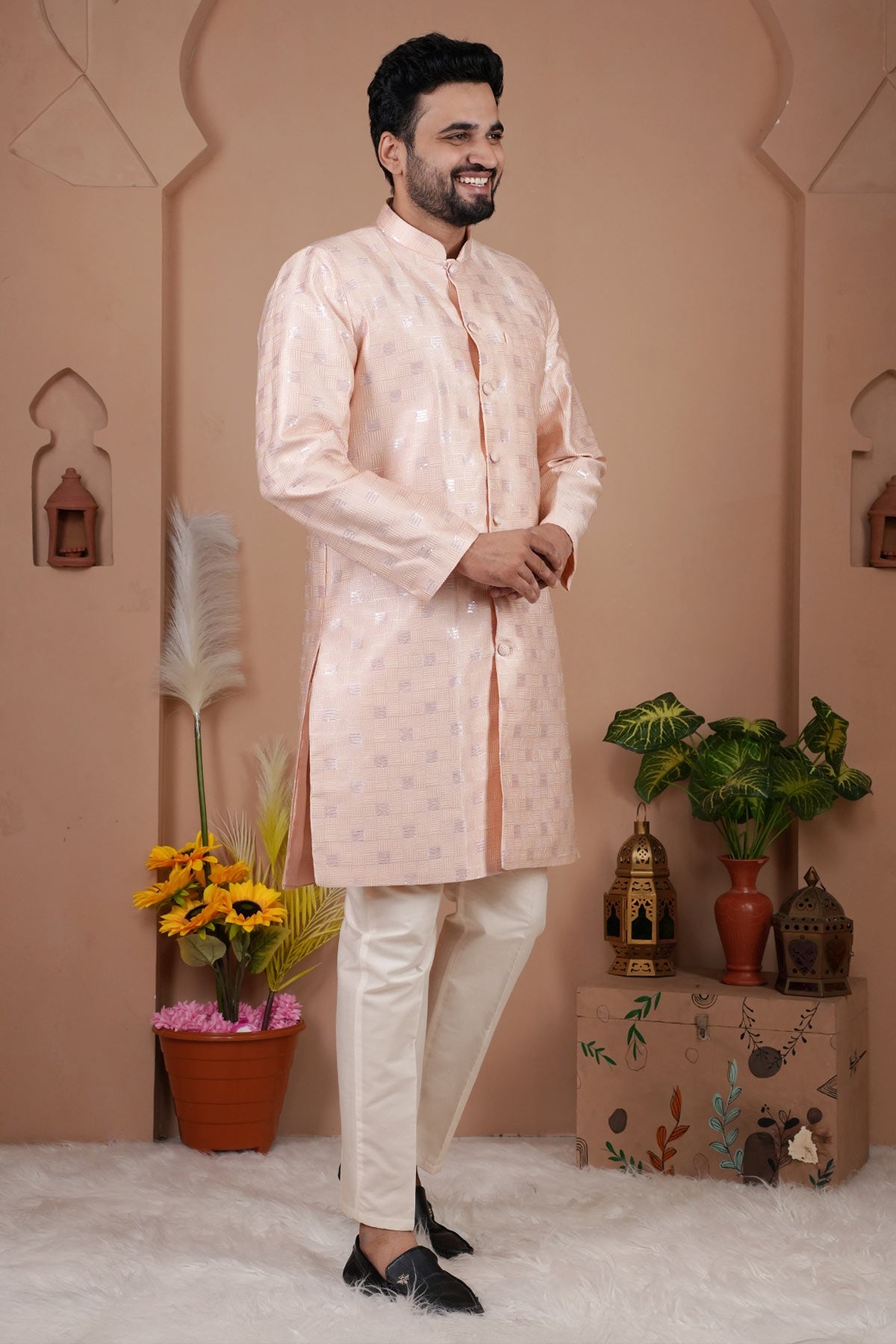 Buy Cotton Silk Pink Sherwani Set for men by Aastha Fashion online available at scrollnshops