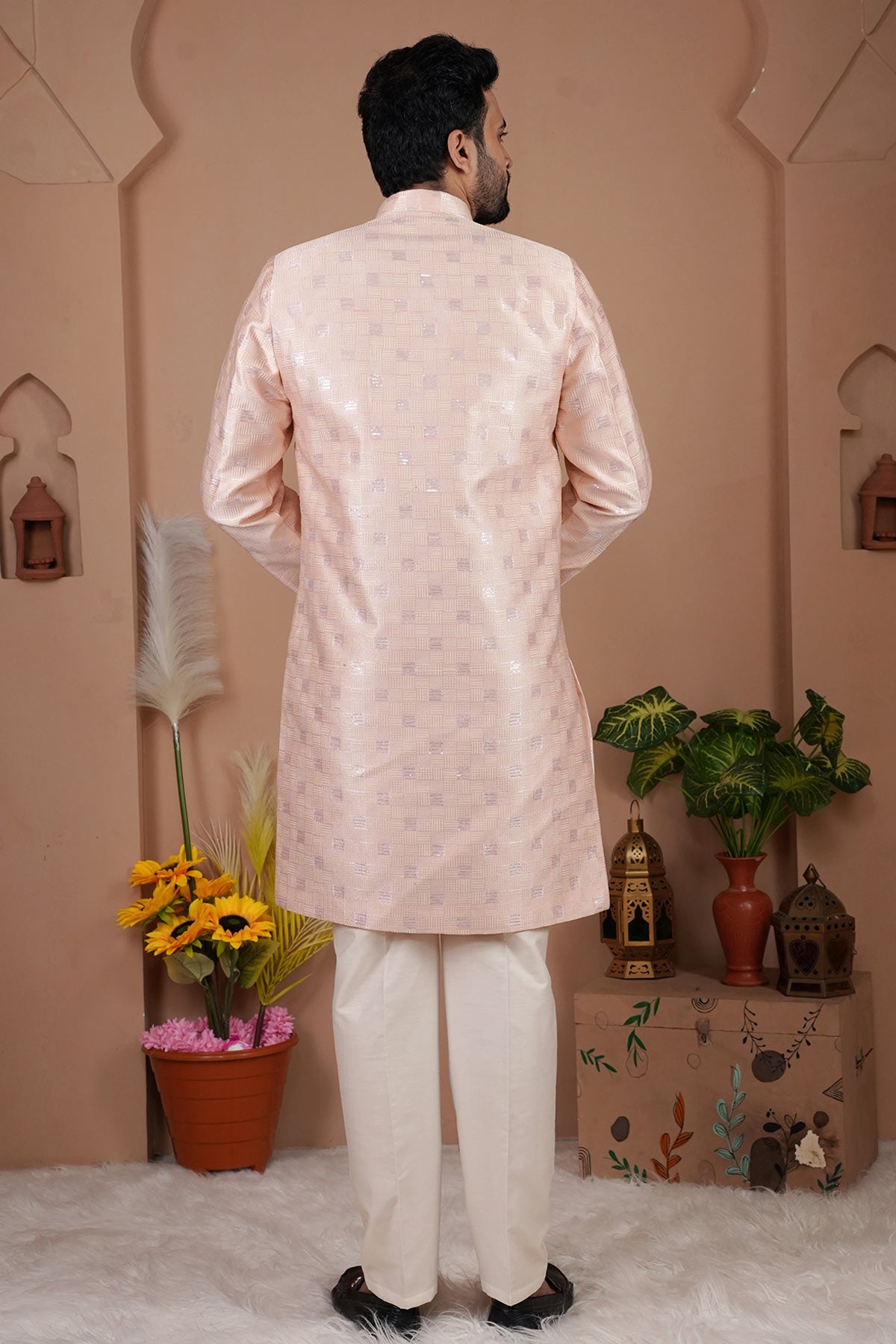 Cotton Silk Pink Sherwani Set