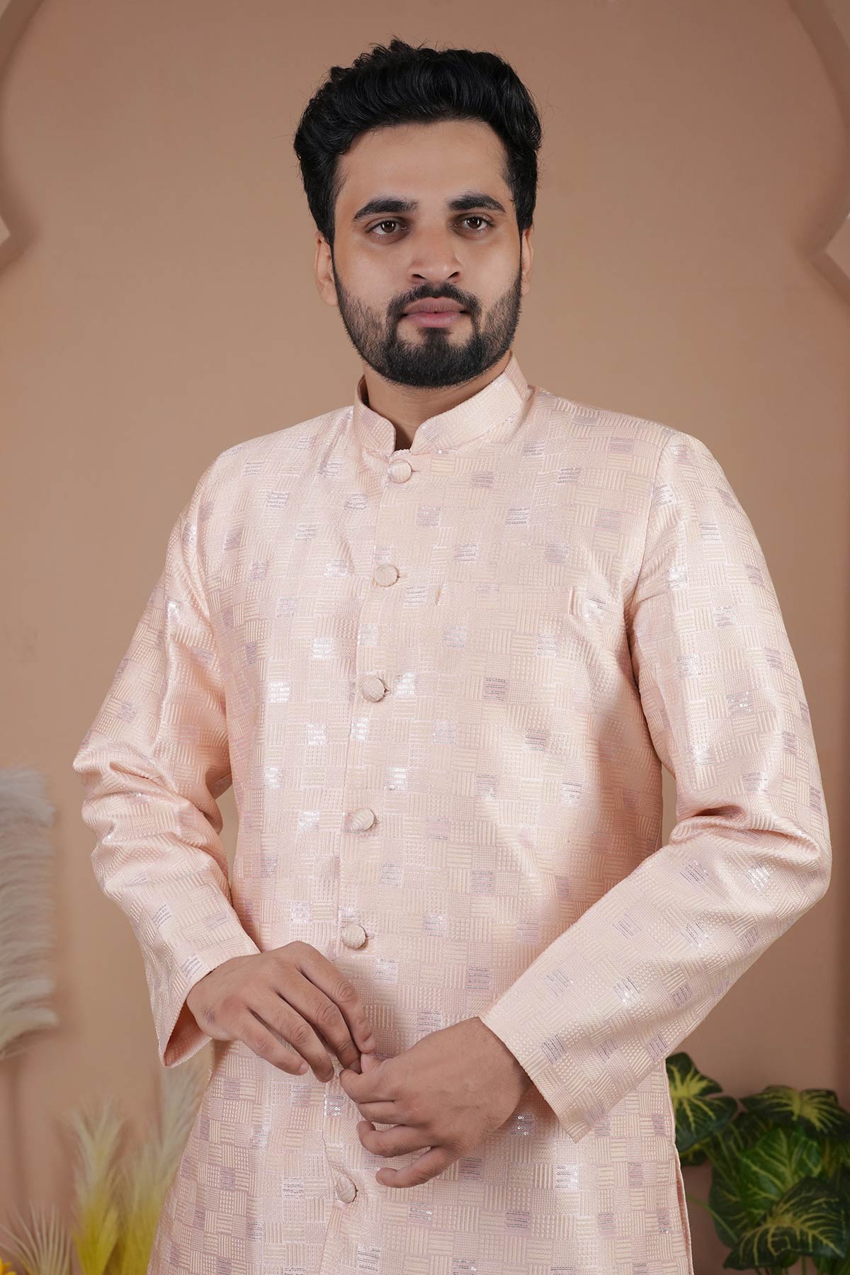 Cotton Silk Pink Sherwani Set