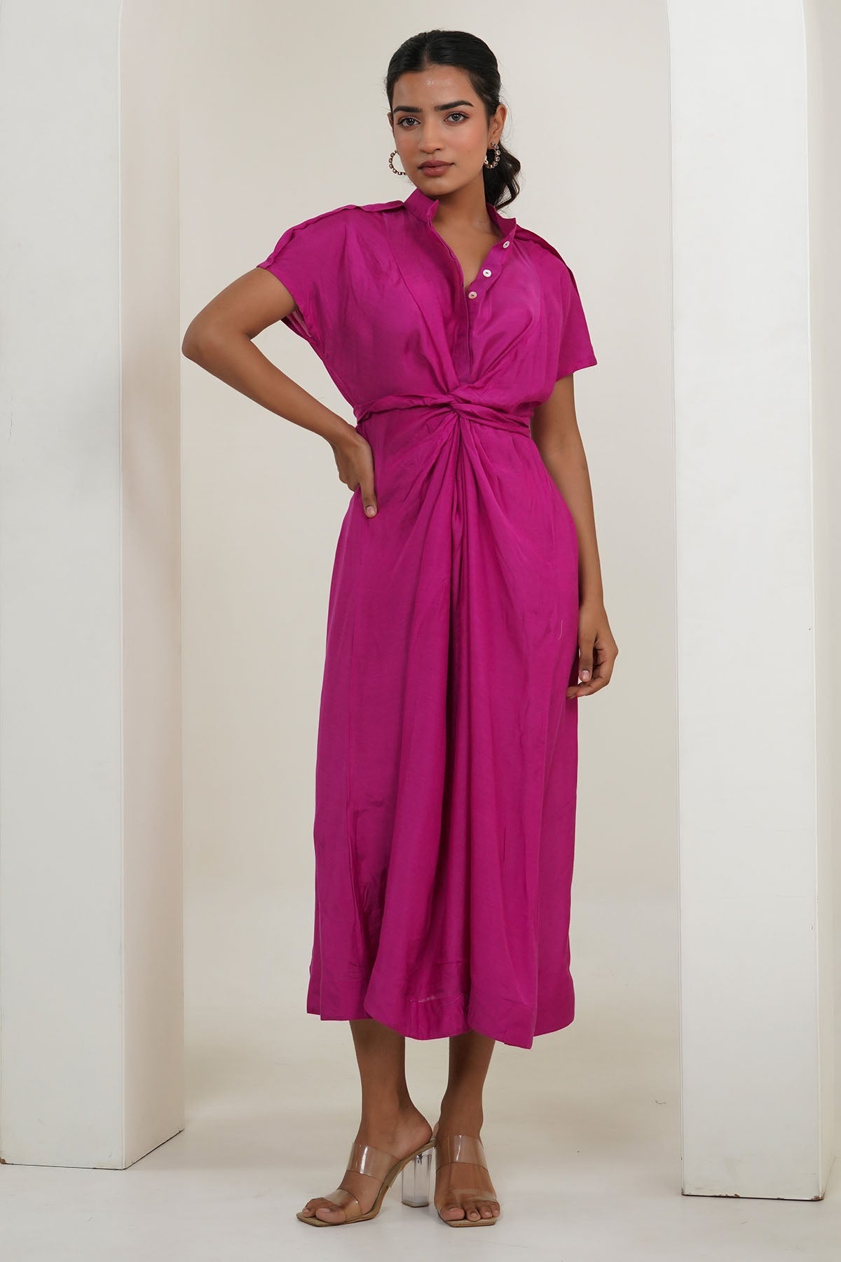 Imrie Pink Cotton Silk Shirt Dress for women online at ScrollnShops