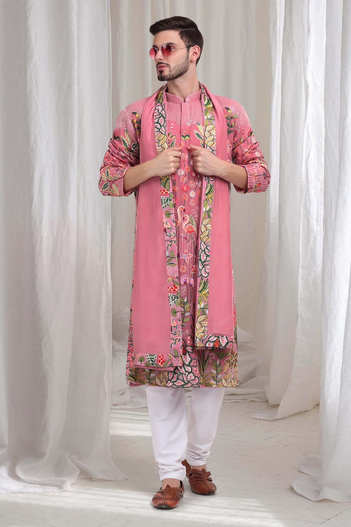 Buy Pink Cotton Thread Kurta Set by Aham Vayam for men online at ScrollnShops