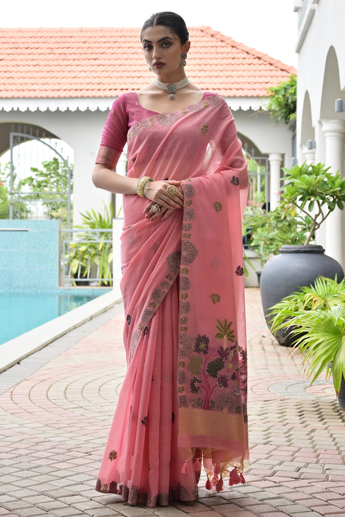 Buy Pink Cotton Thread Woven Saree for women by Lili Lala Designer online available at scrollnshops
