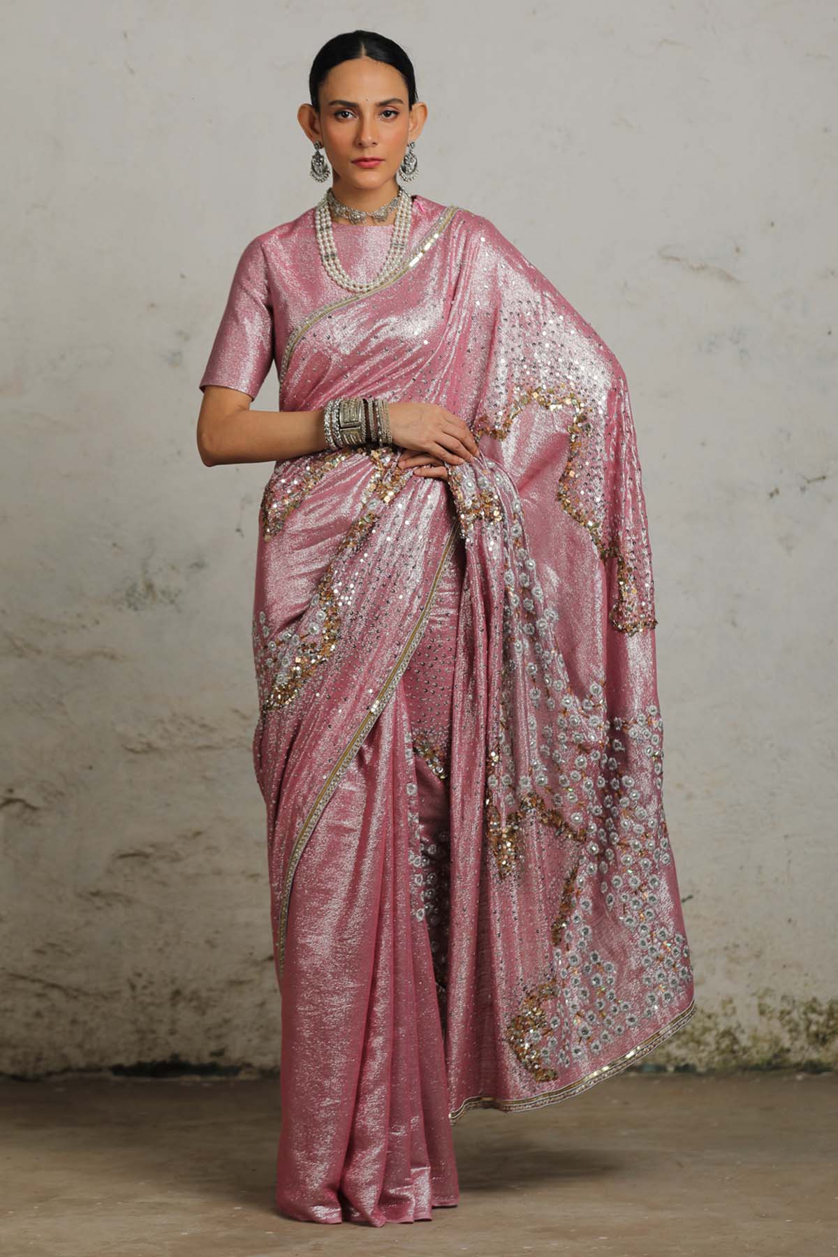 Saksham Neharicka Pink Cotton Zari Saree & Blouse for women online at ScrollnShops