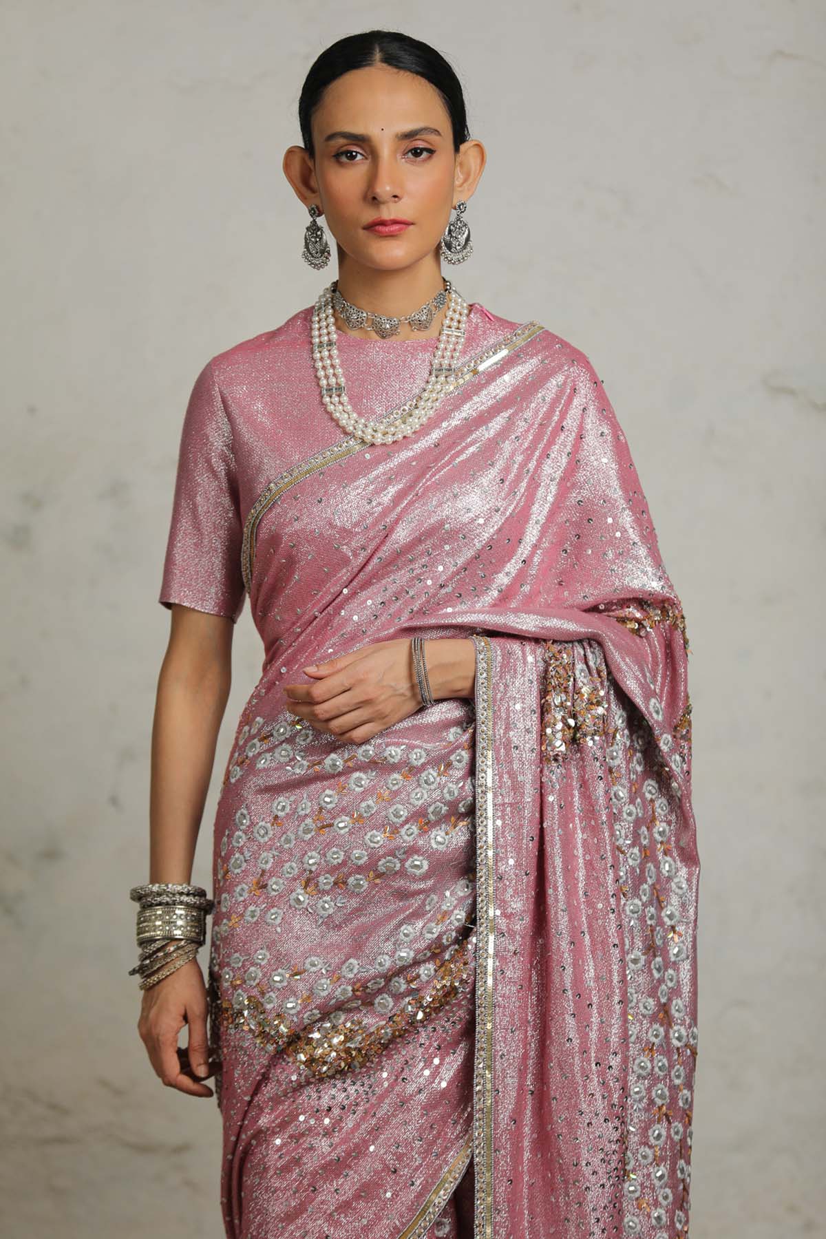 Pink Cotton Zari Saree & Blouse