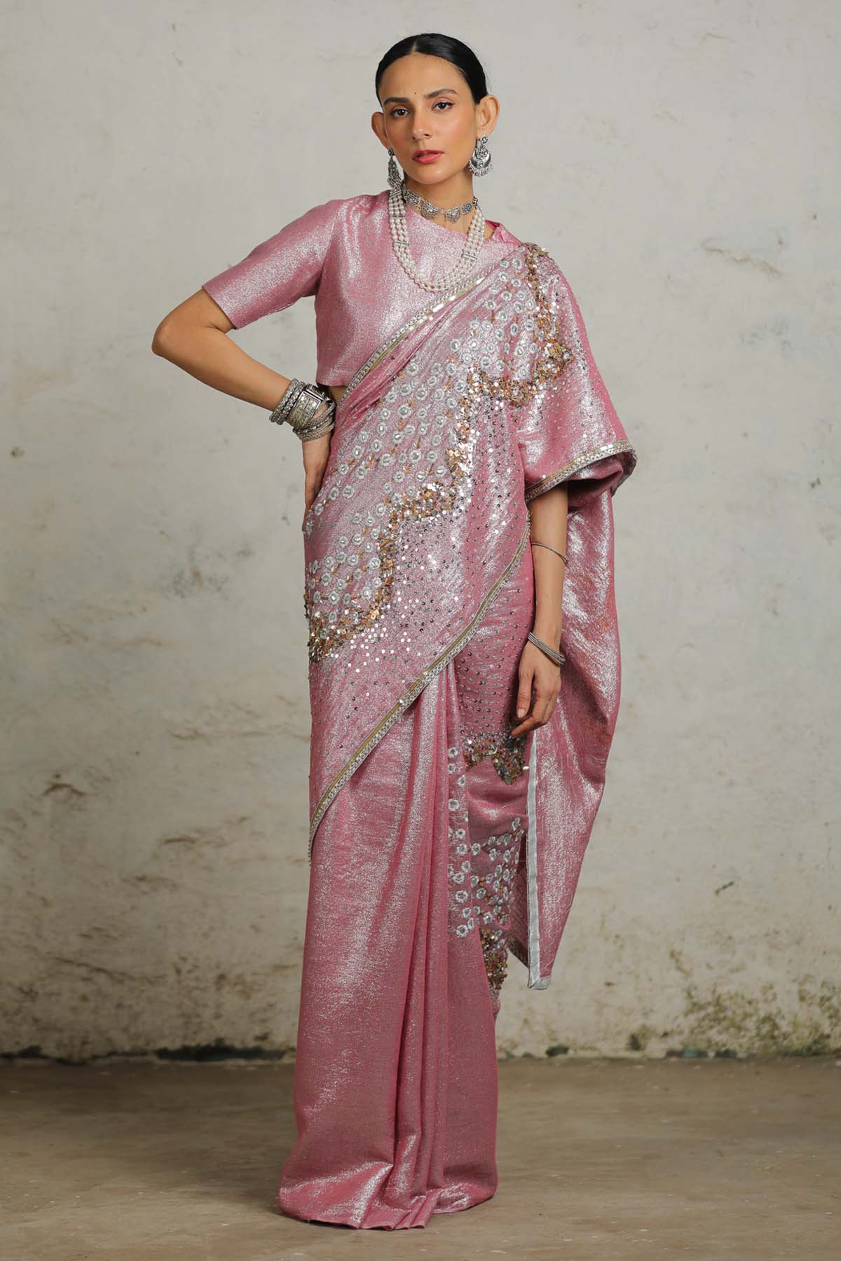 Pink Cotton Zari Saree & Blouse