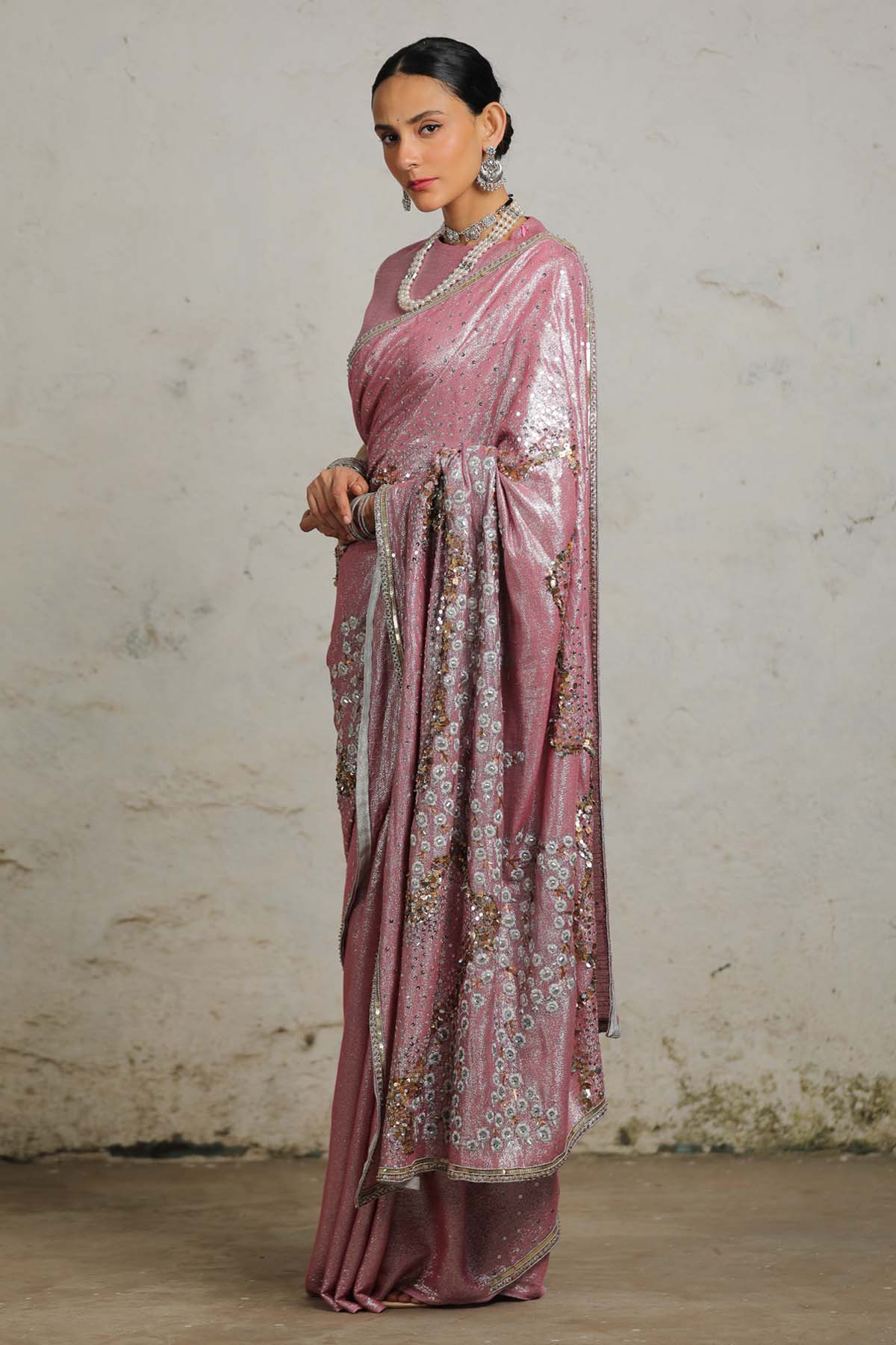 Pink Cotton Zari Saree & Blouse