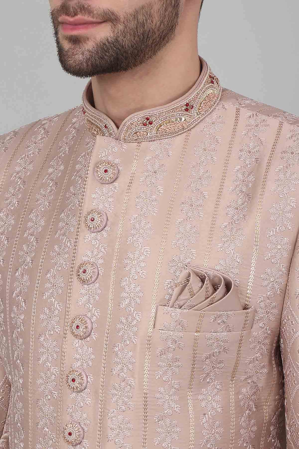 Pink Cotton Zari Sherwani Set