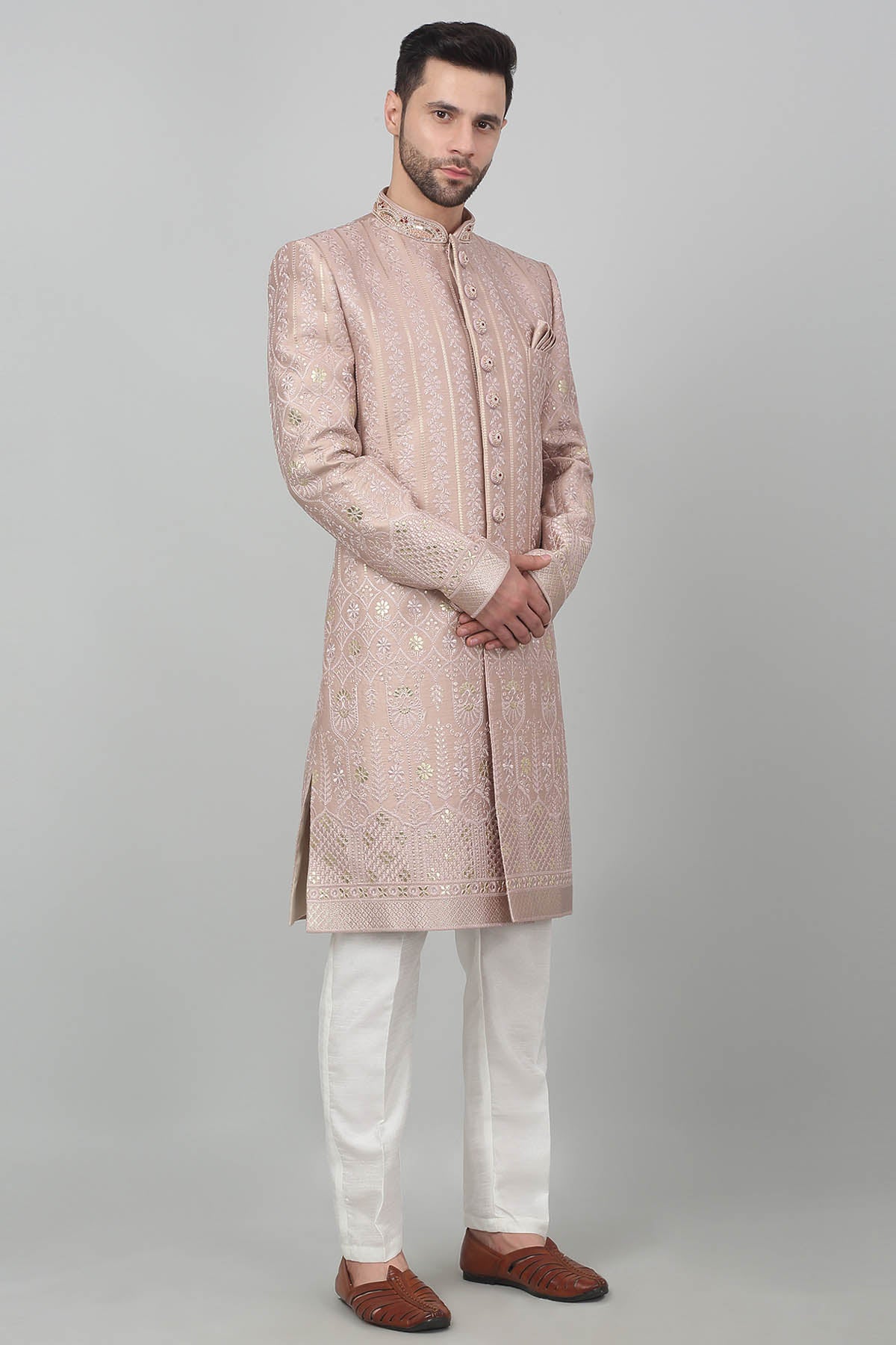 Pink Cotton Zari Sherwani Set