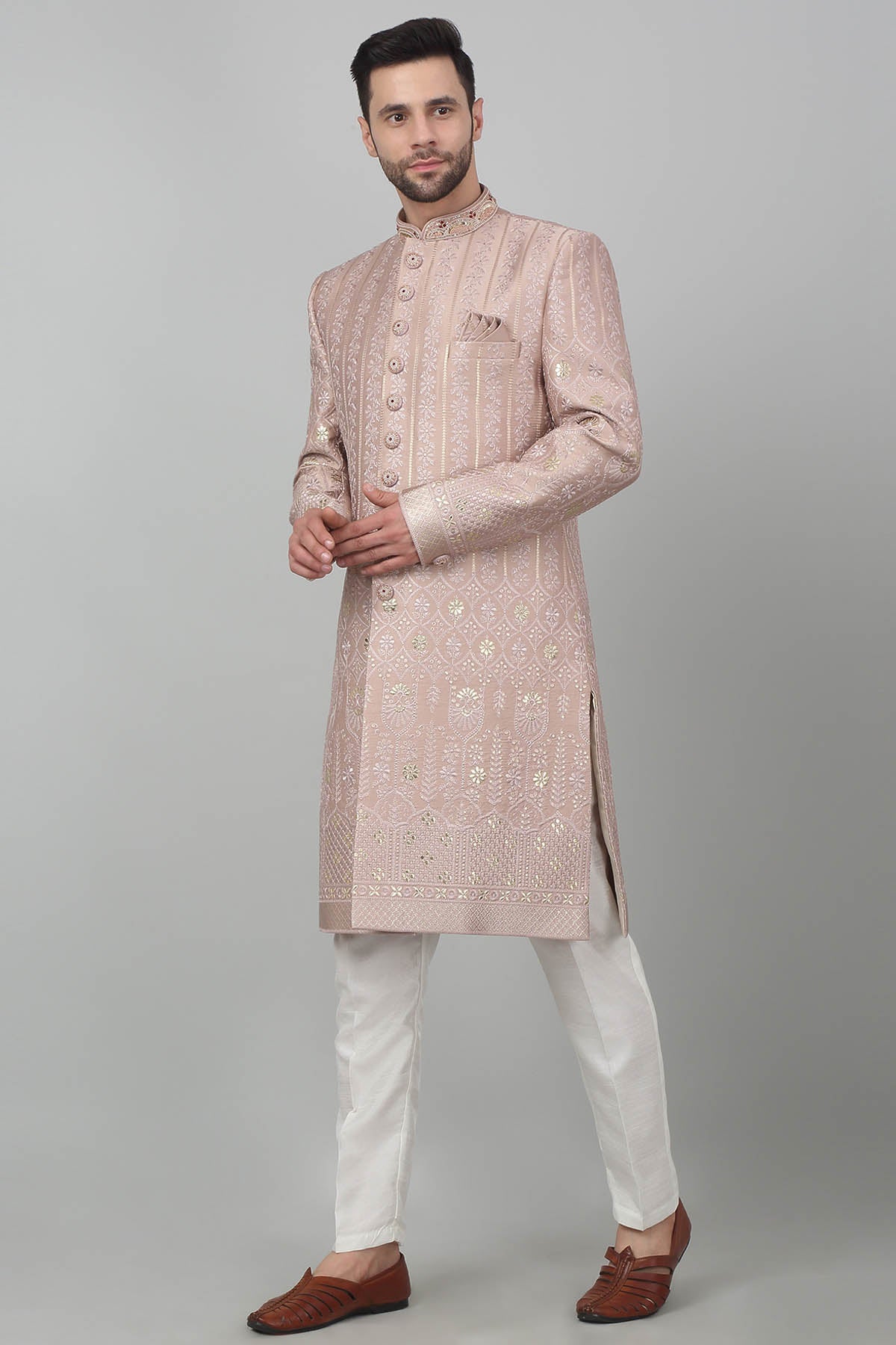 Pink Cotton Zari Sherwani Set