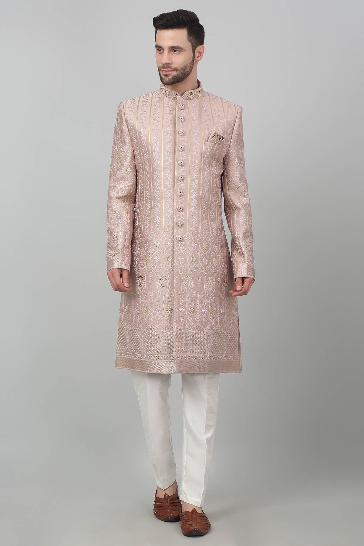 Aham Vayam Pink Cotton Zari Sherwani Set for men online at ScrollnShops