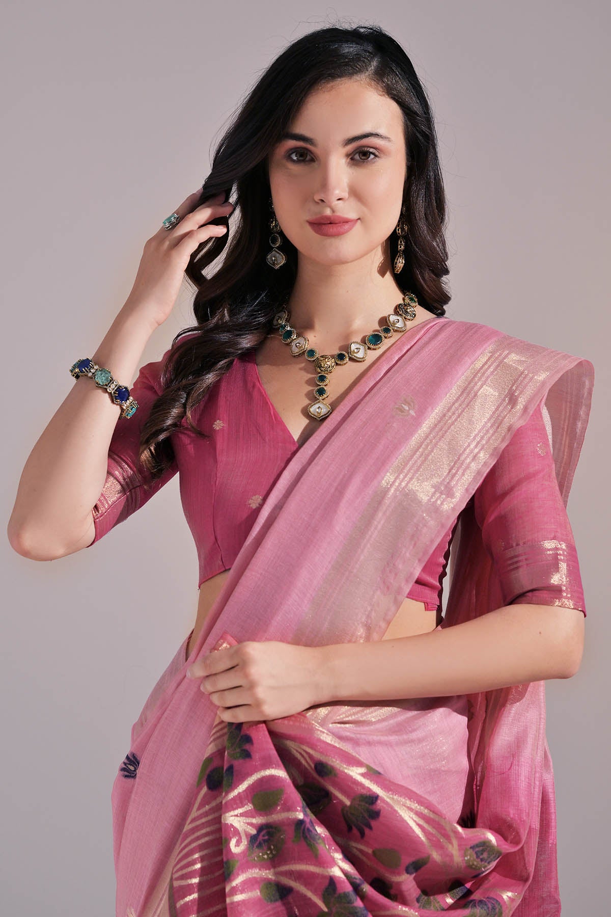 Pink Cow Design Thread Saree