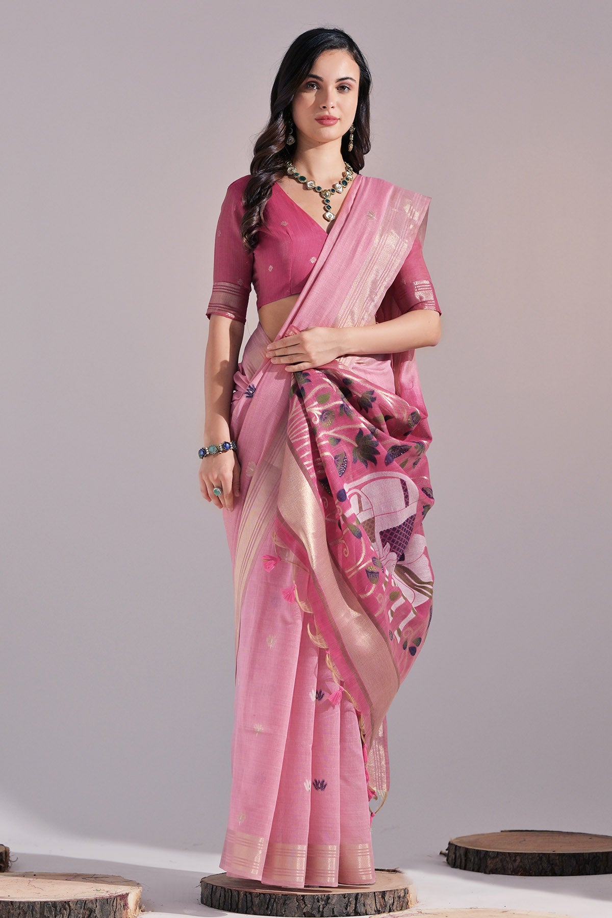 Pink Cow Design Thread Saree