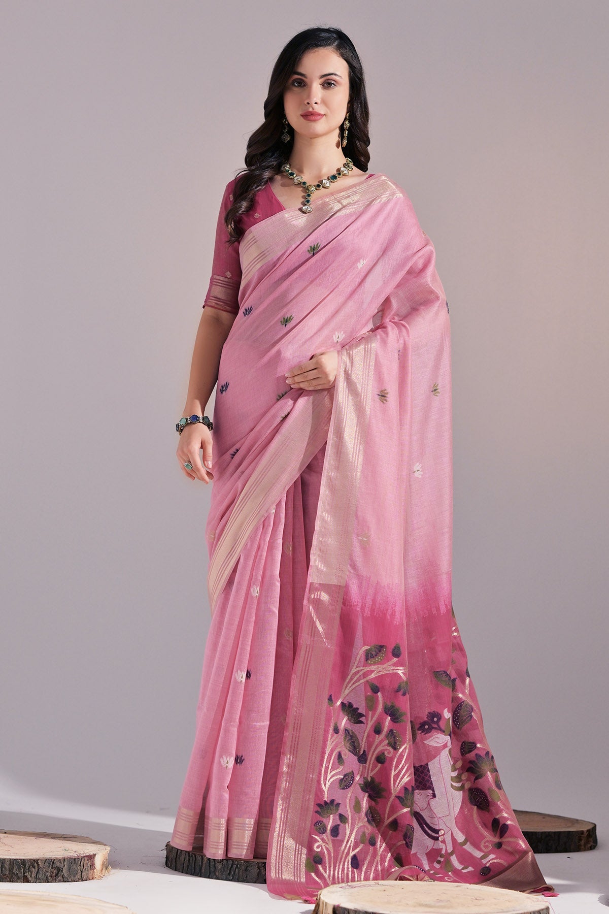 Buy Pink Cow Designe Thread Saree by Lili Lala for women online at ScrollnShops