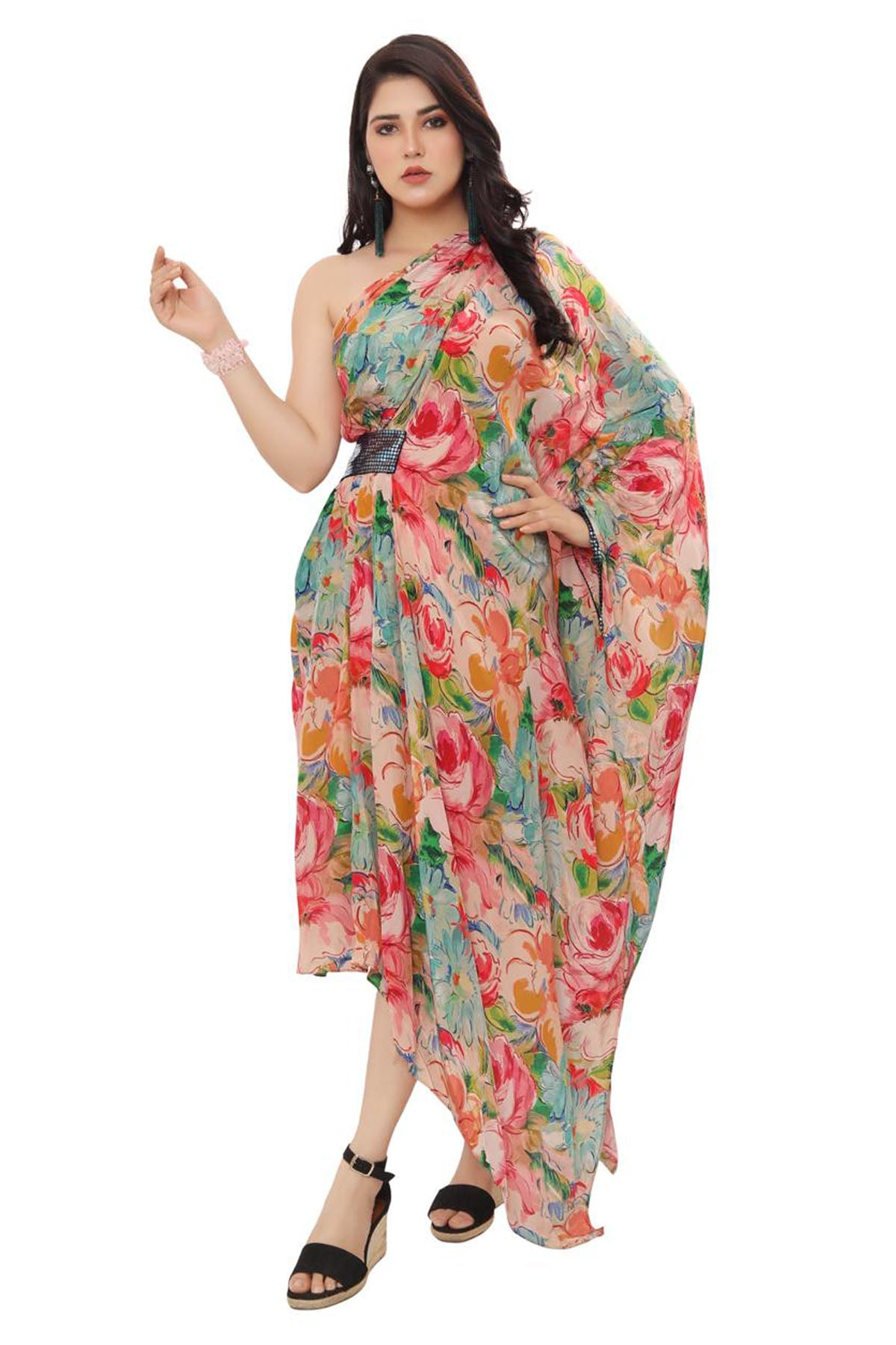 Niyami Pink Crepe Floral Print Dress at ScrollnShops