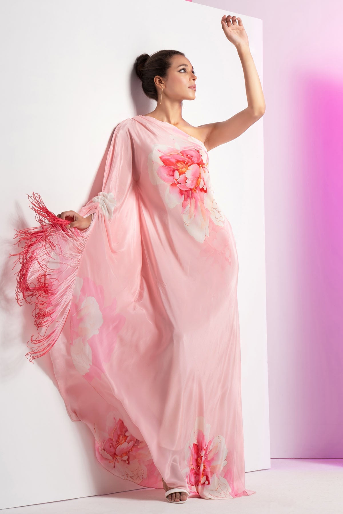 Buy Pink Crepe One Shoulder Dress by Mandira Wirk