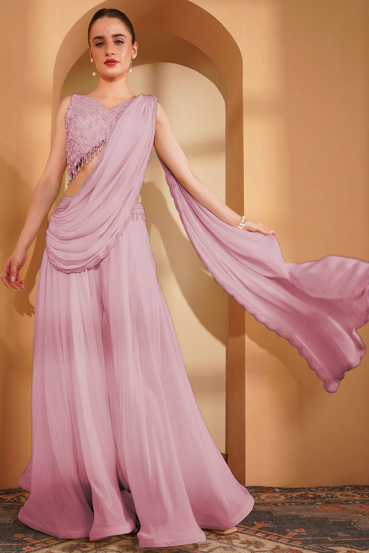 Buy Pink Crepe Pearl Indo-Western for women by Milu Madan online available at scrollnshops