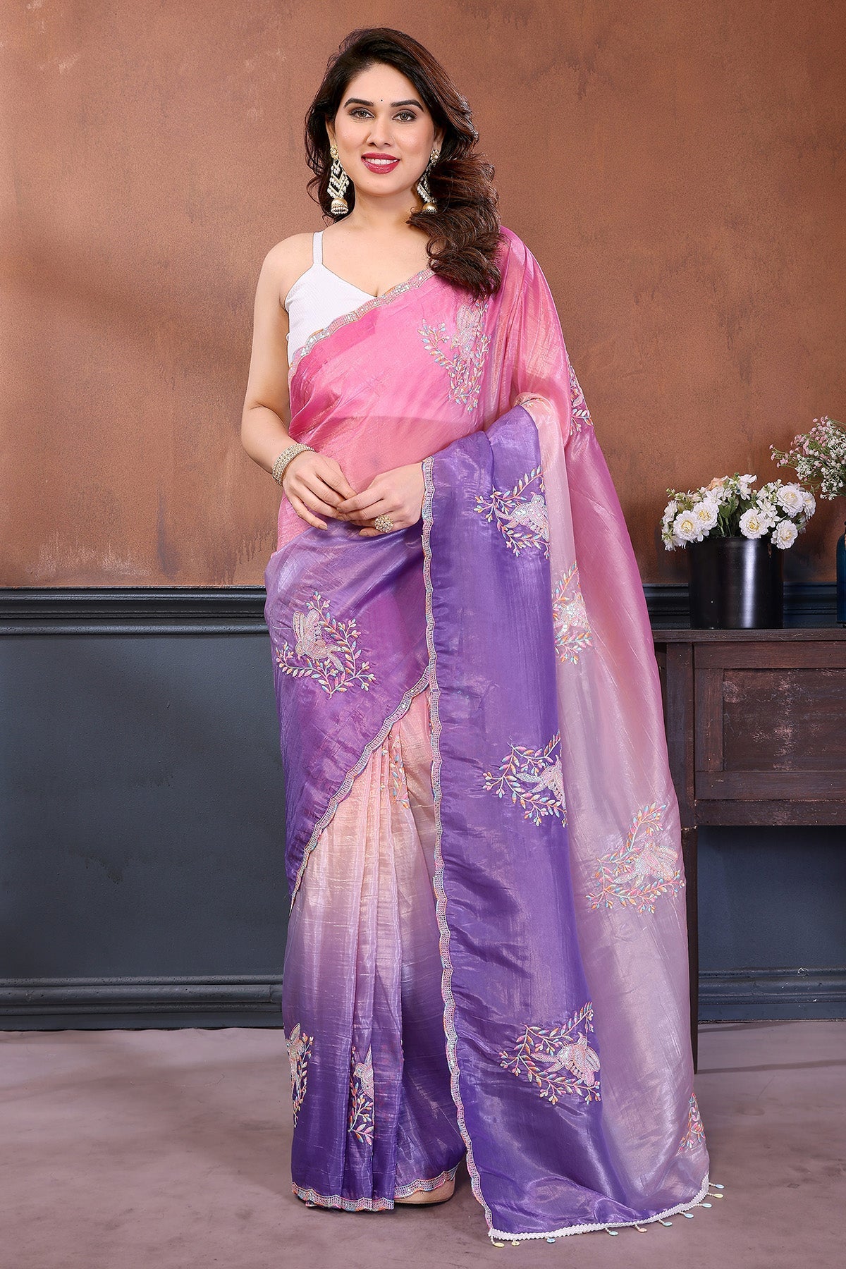 Buy Pink Crush Embroidered Saree for women by Aastha Fashion online available at scrollnshops