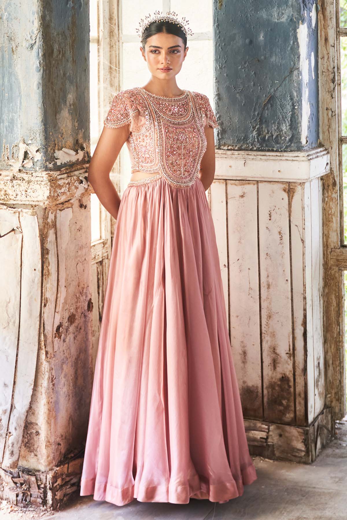 Seharre Pink Cut-Out Embroidered Gown for women online at ScrollnShops