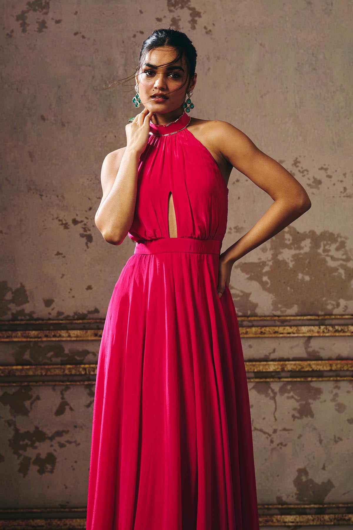 Pink Cut-Out Halter Neck Gown