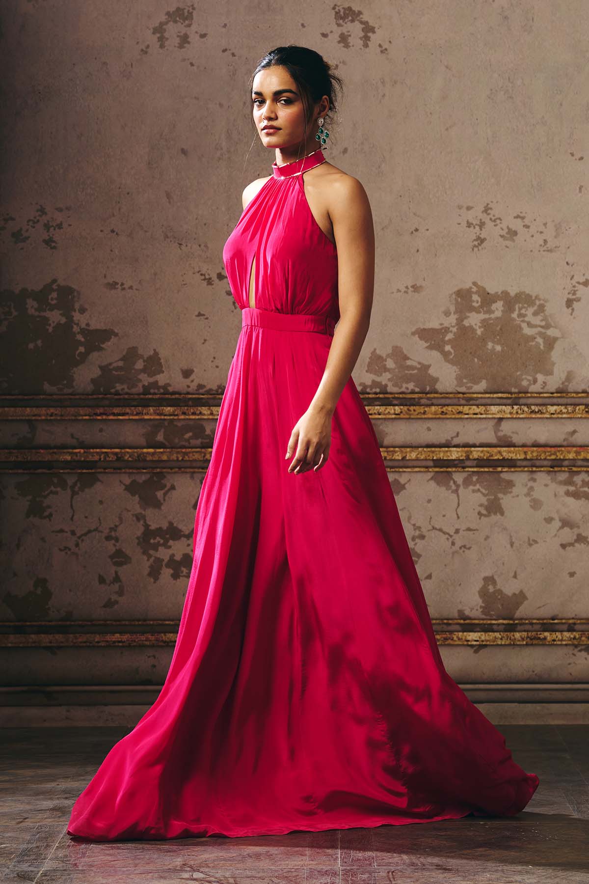 Pink Cut-Out Halter Neck Gown