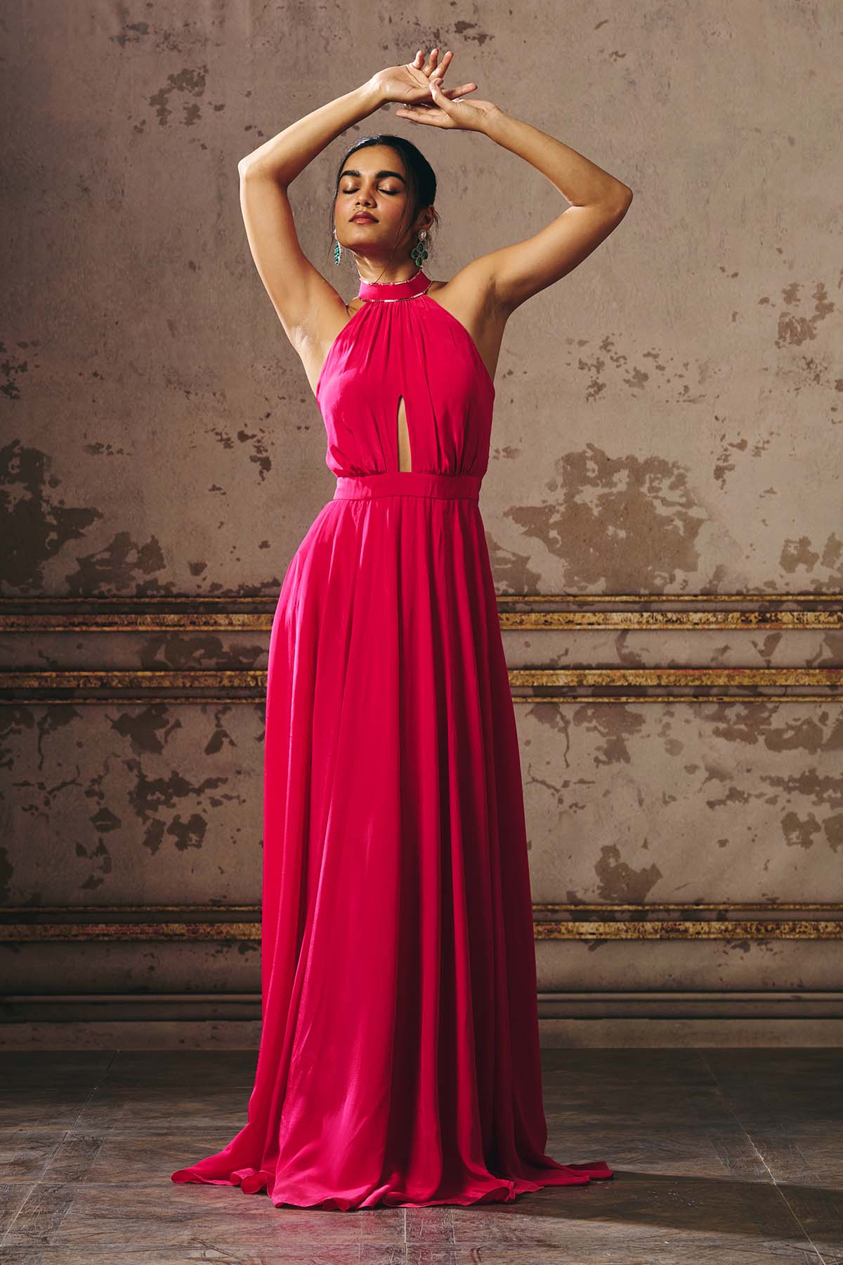 Pink Cut-Out Halter Neck Gown
