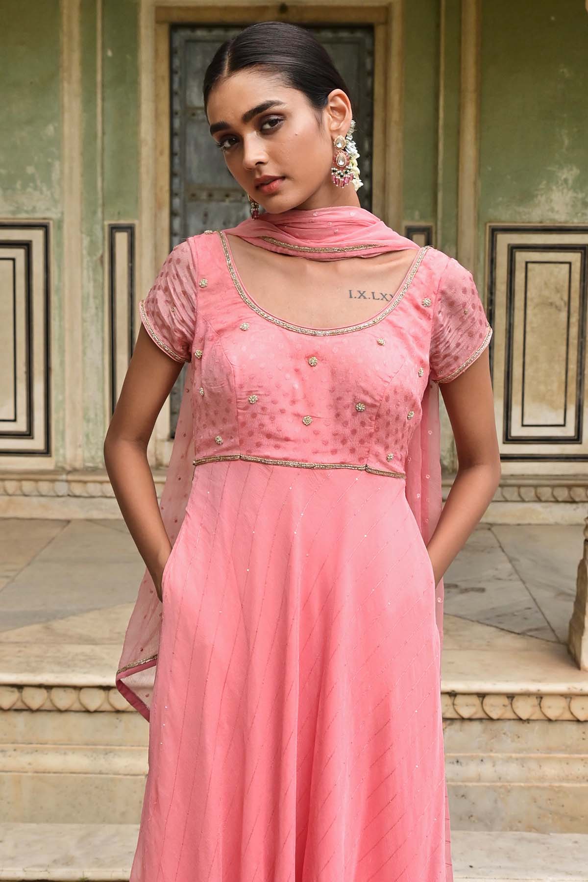 Pink Cutdana Work Anarkali Set