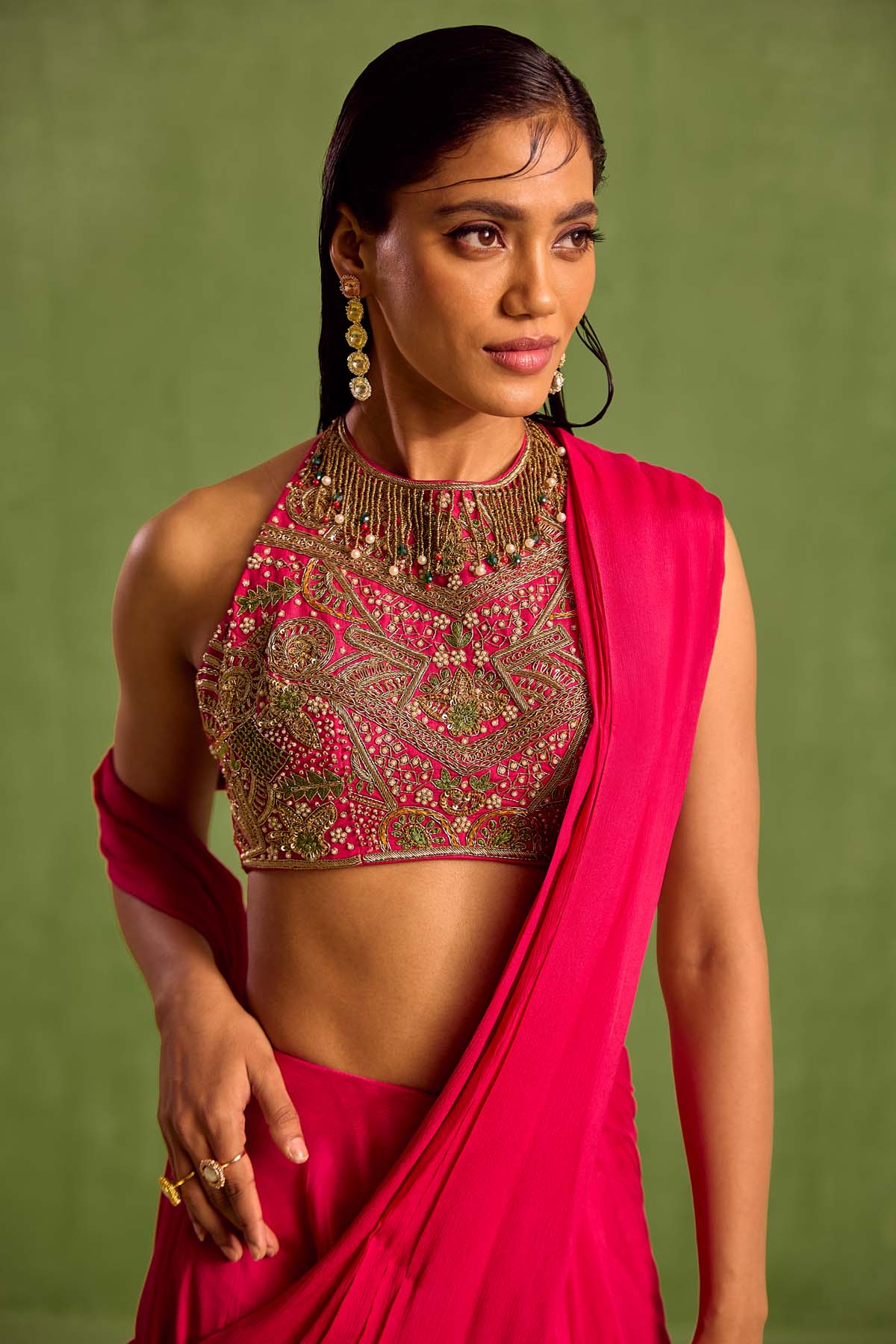 Pink Dabka Pre-Draped Saree Set