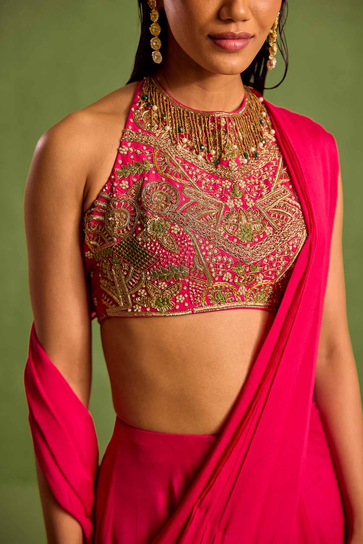 Pink Dabka Pre-Draped Saree Set