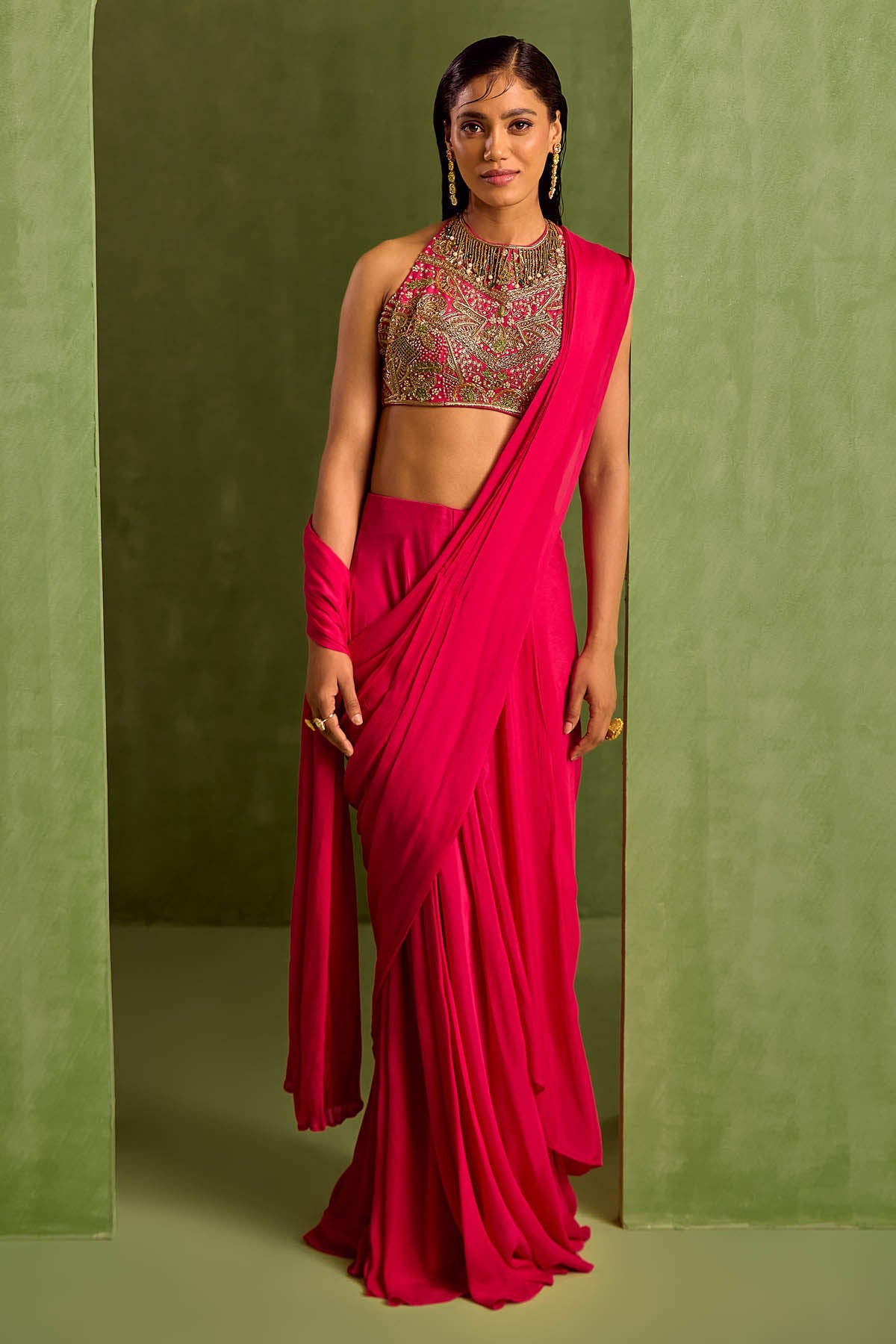 Neha Khullar Pink Dabka Pre-Draped Saree Set for women online at ScrollnShops