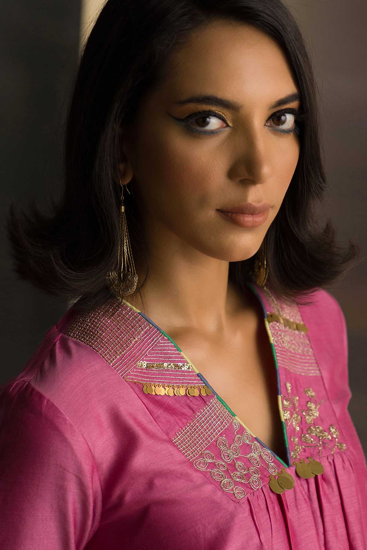 Pink Deep V-Neck Long Kurta Set