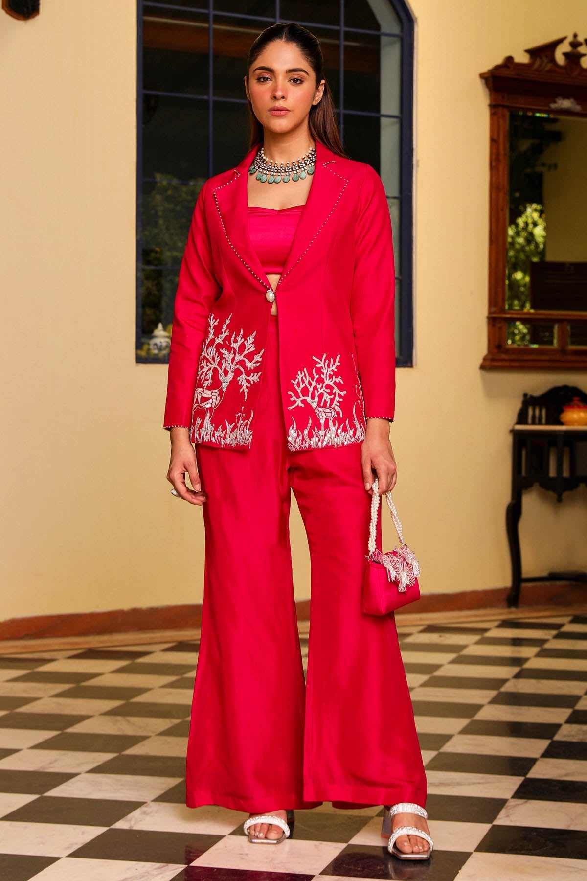 Buy Pink Deer Embroidered Jacket Set Online