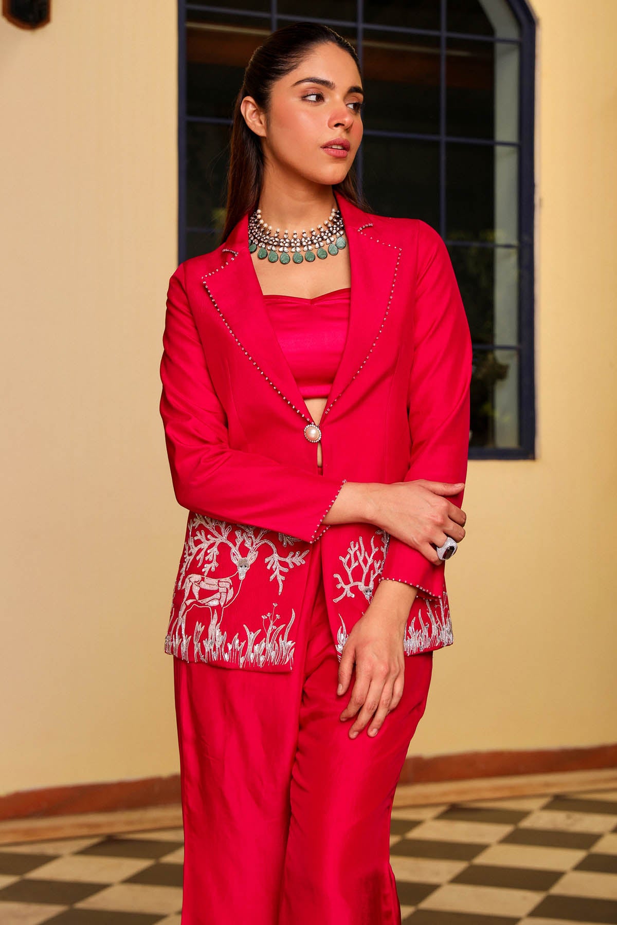 Pink Deer Embroidered Jacket Set