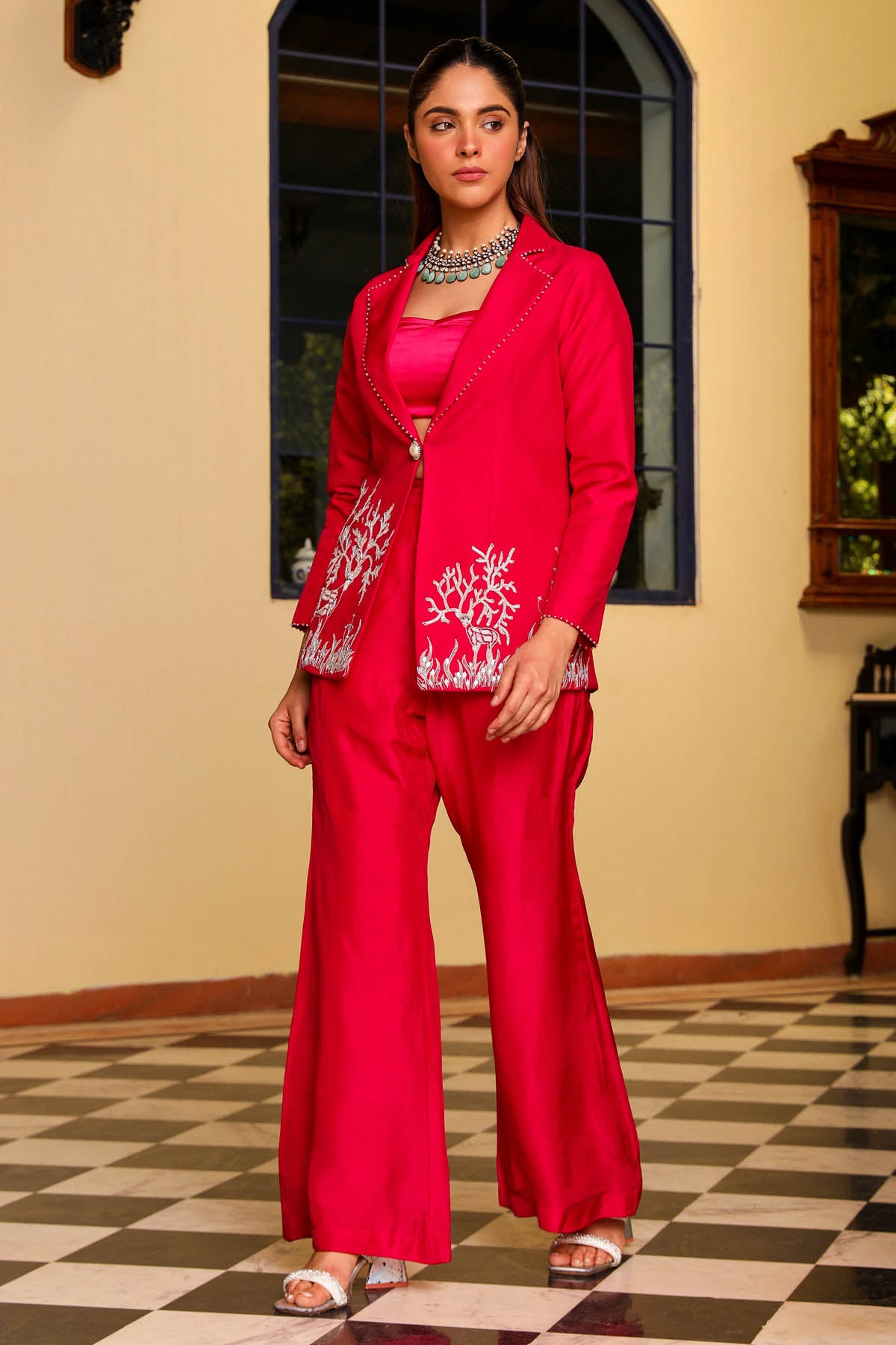 Pink Deer Embroidered Jacket Set