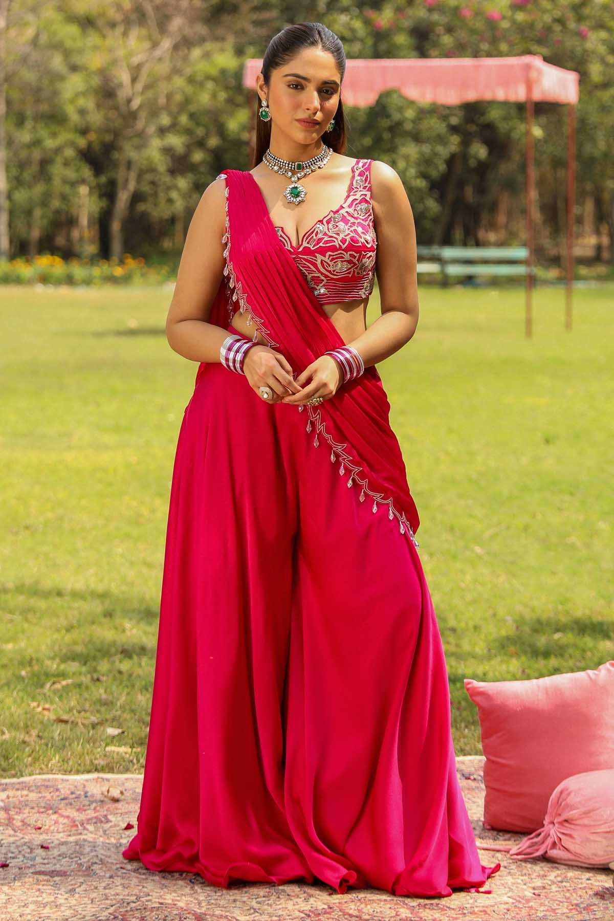 Ajiesh Oberoi Pink Dori Embroidered Saree for women online at ScrollnShops