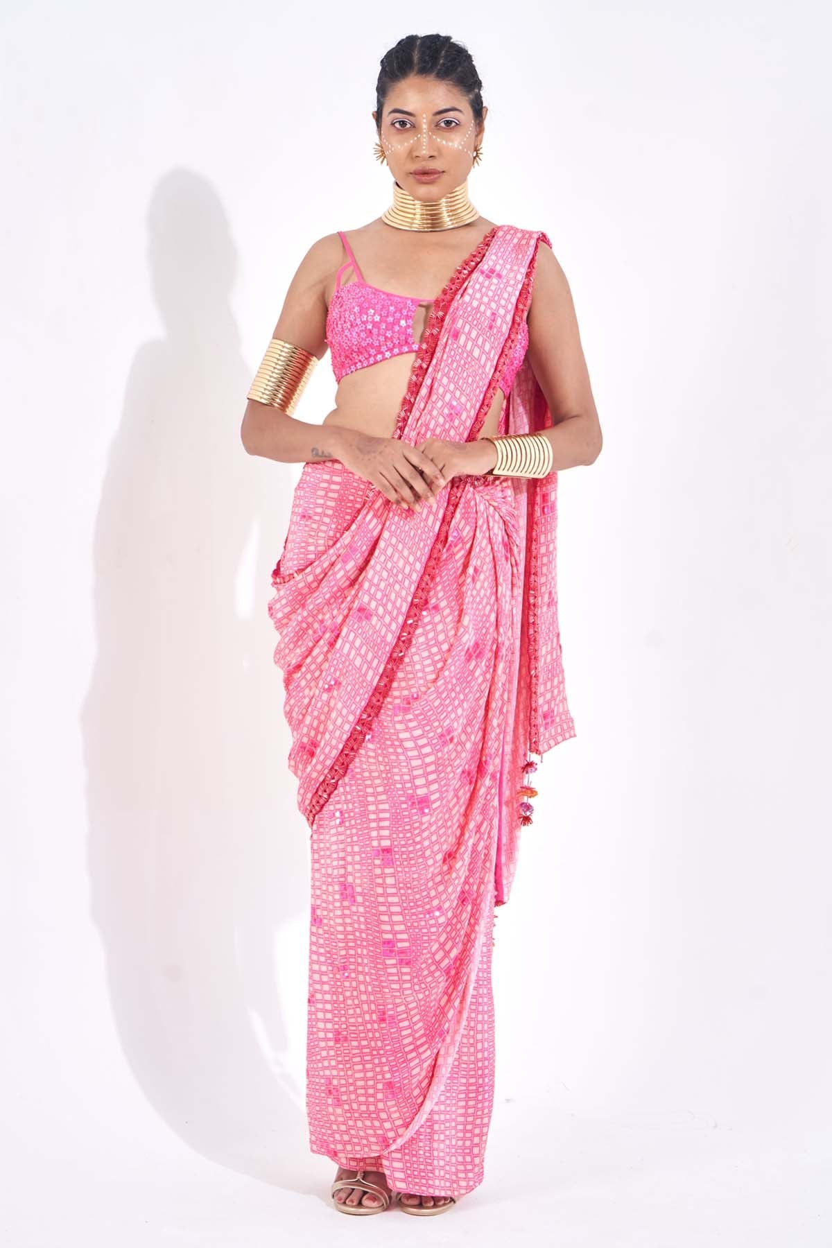 Buy Pink Draped Ready To Wear Saree Online