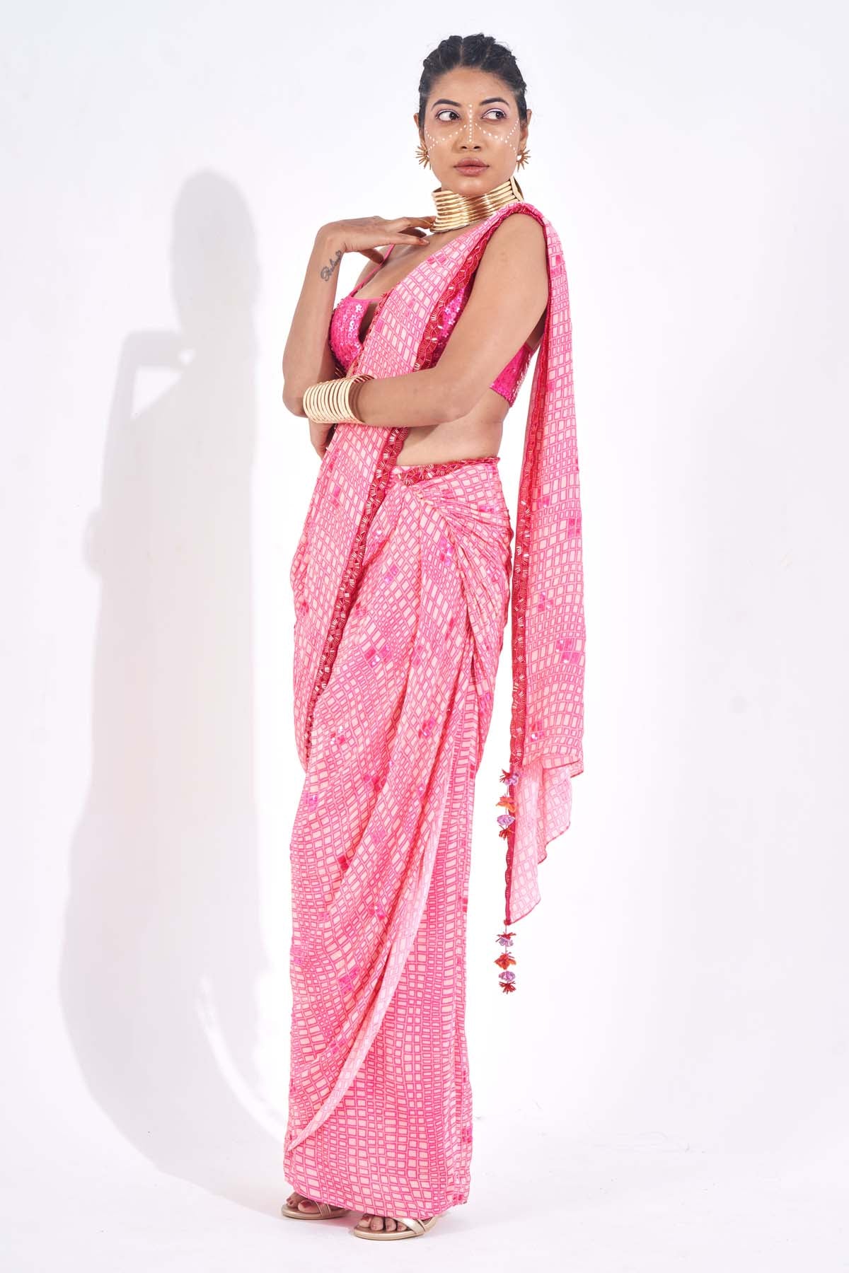 Pink Draped Ready To Wear Saree