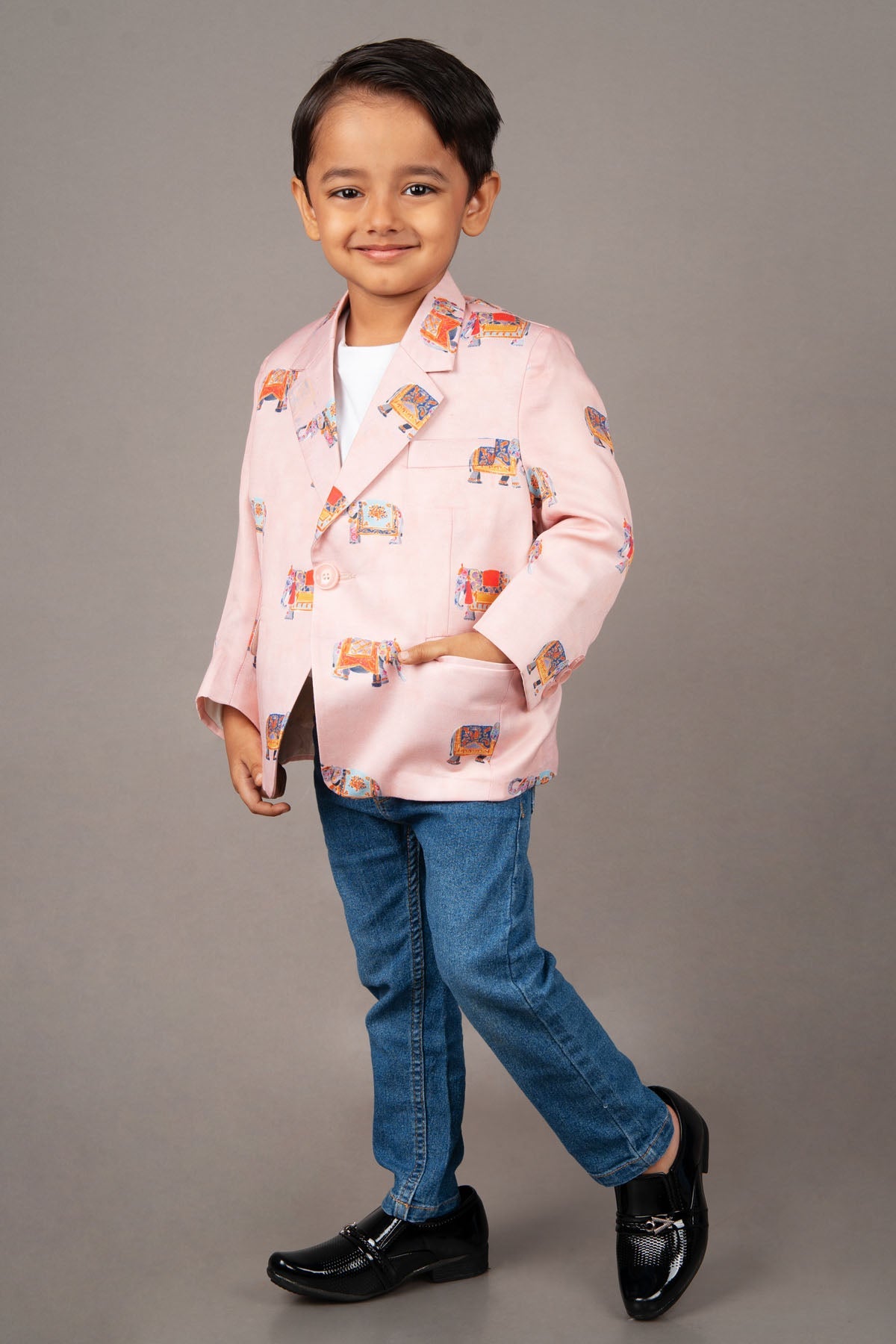 Designer Little Brats Pink Elephant Printed Blazer For young Boys Available online at ScrollnShops