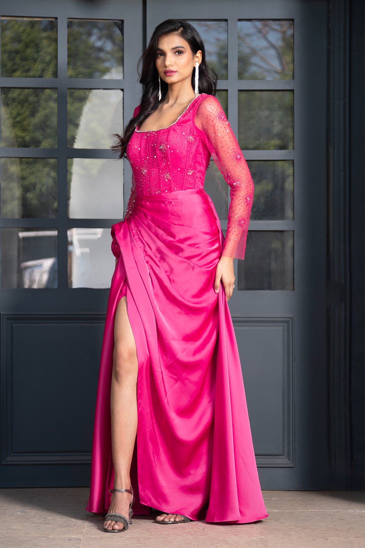 Pink Embellished Draped Gown
