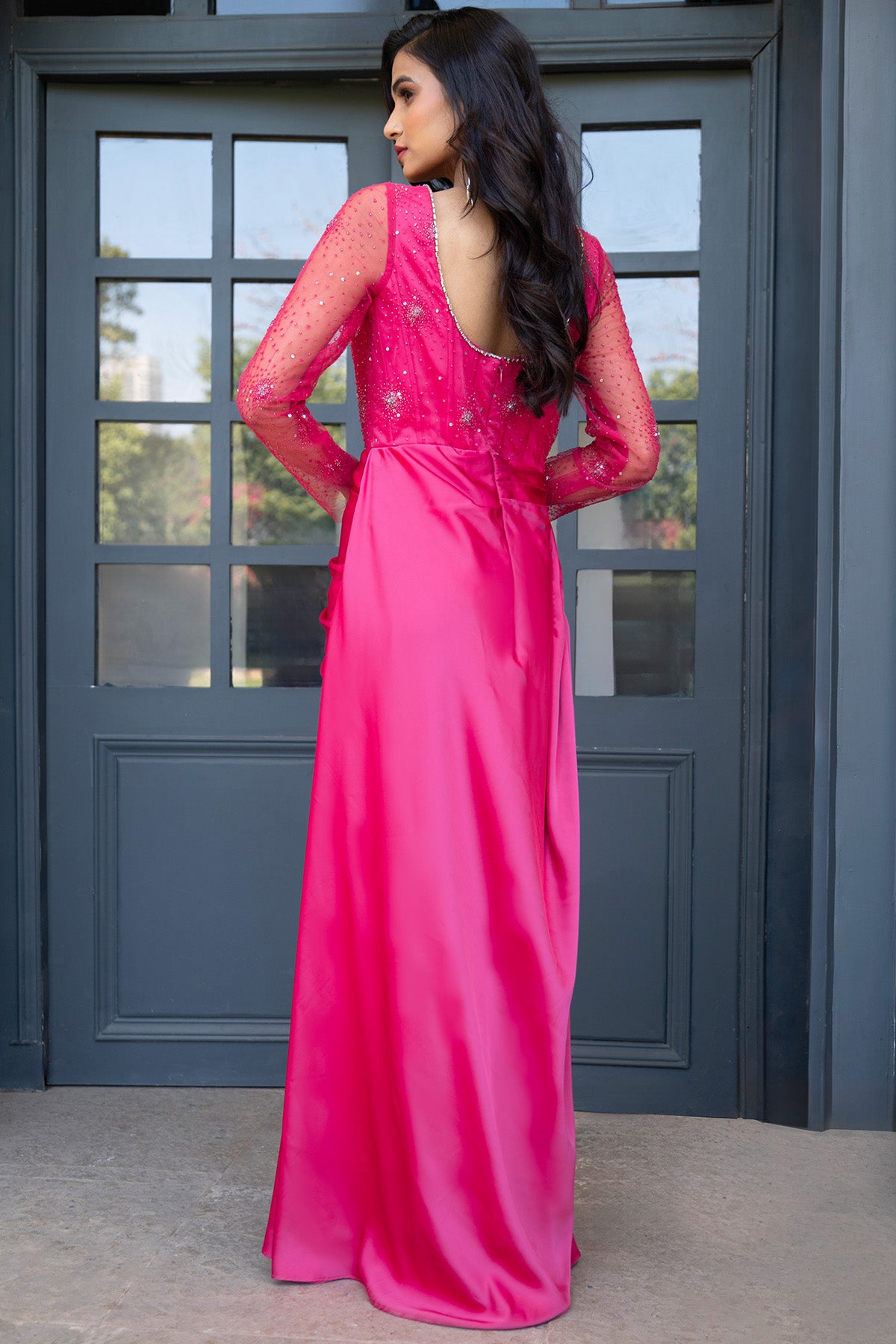 Pink Embellished Draped Gown