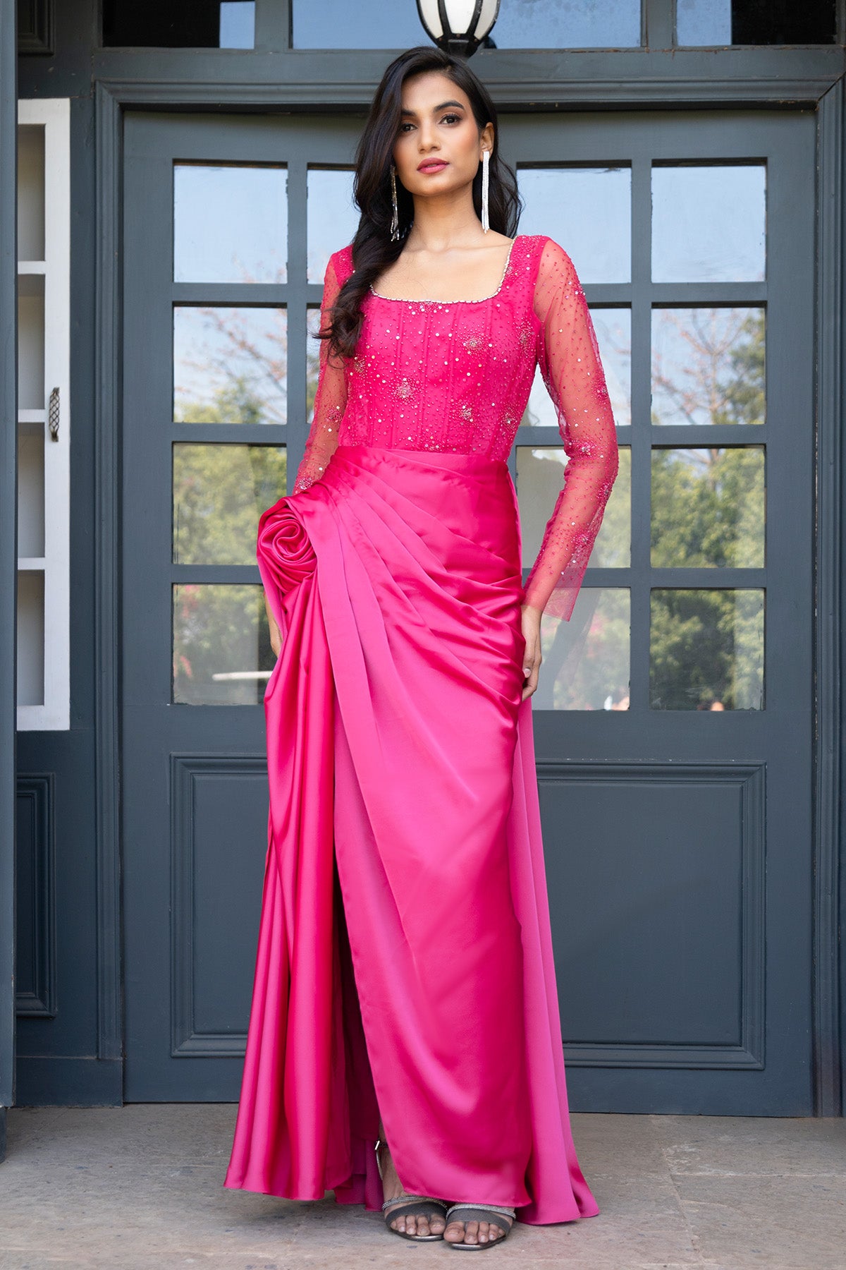 Pink Embellished Draped Gown