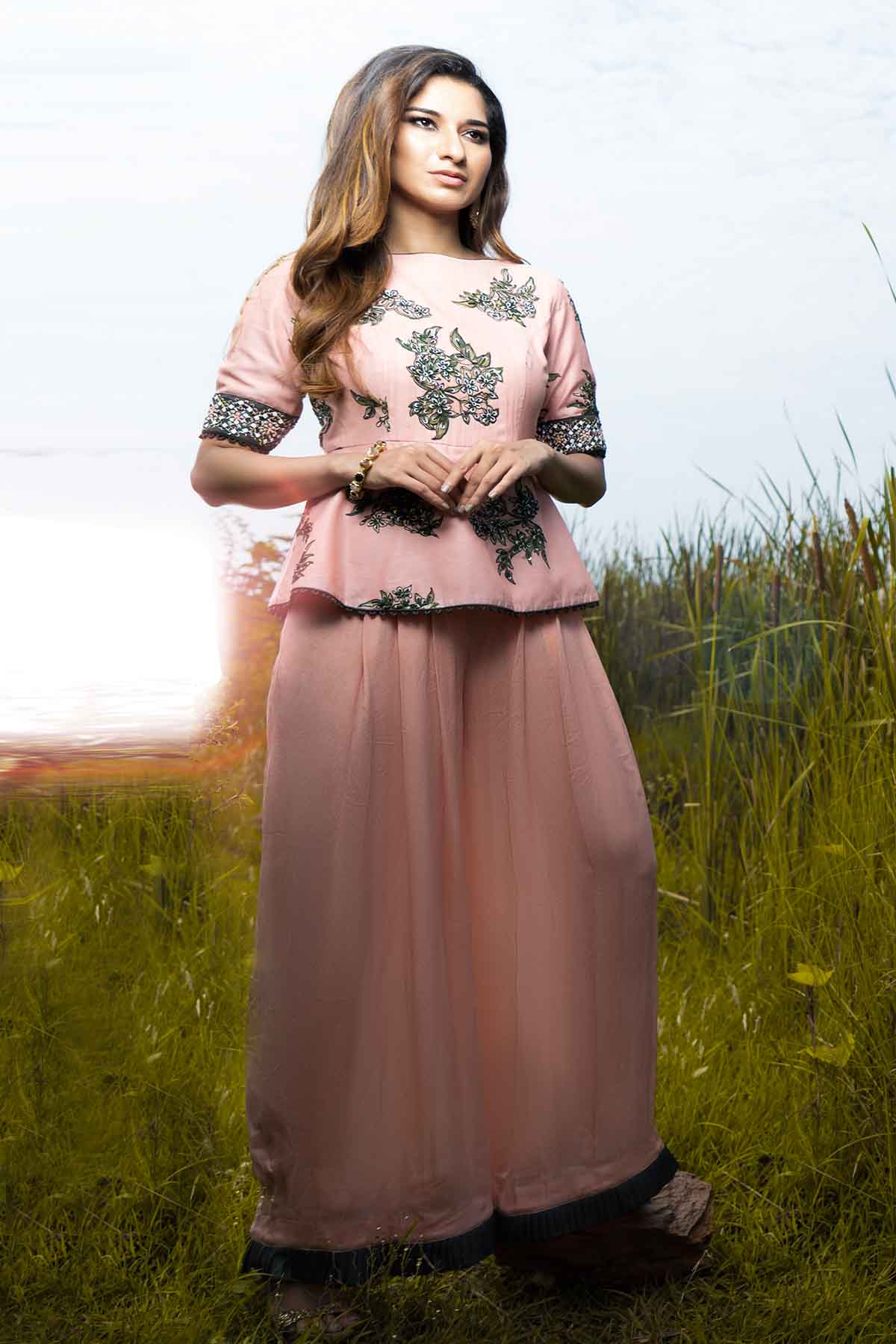 Pink Embellished Peplum Jumpsuit