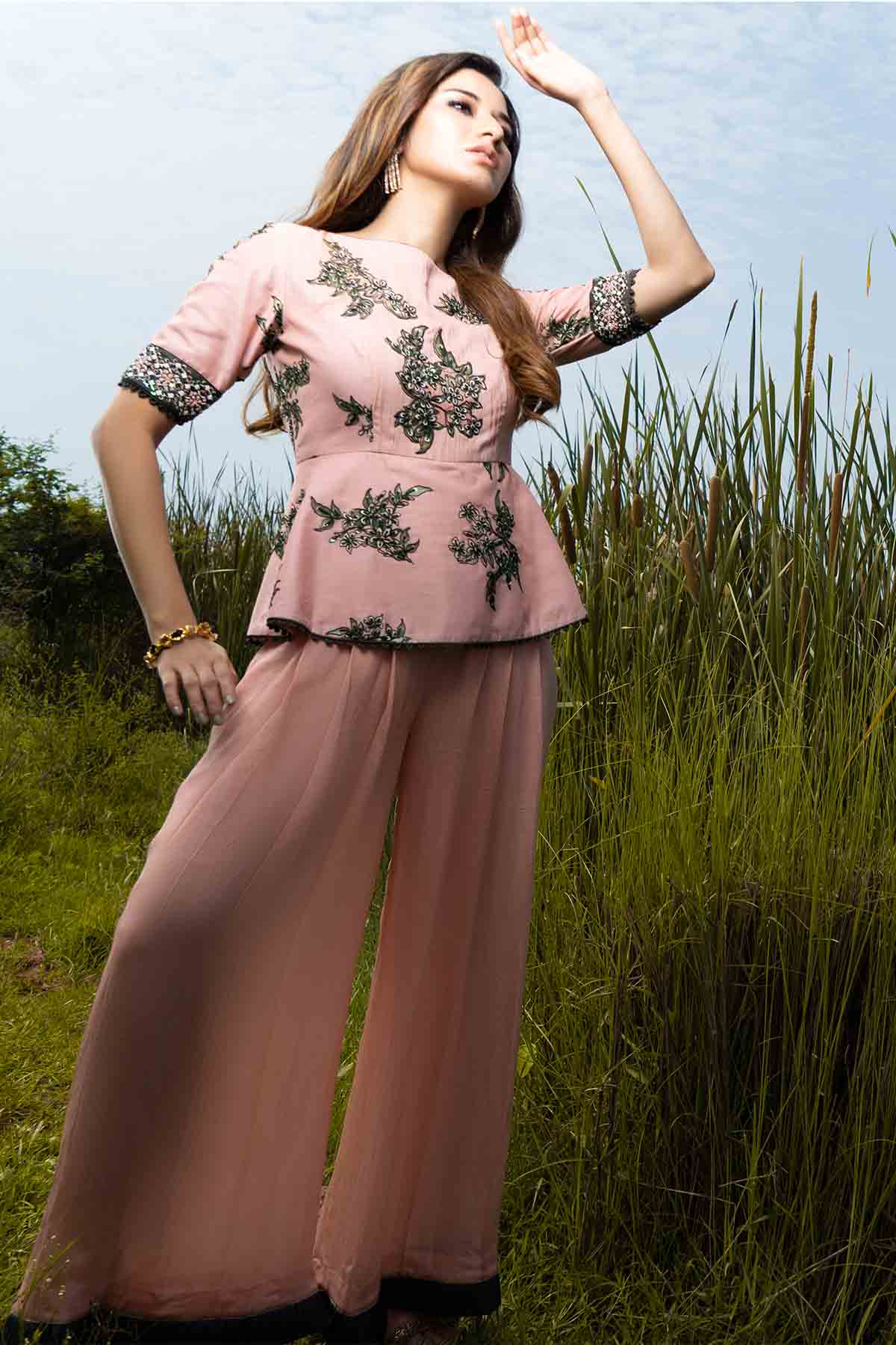 Pink Embellished Peplum Jumpsuit