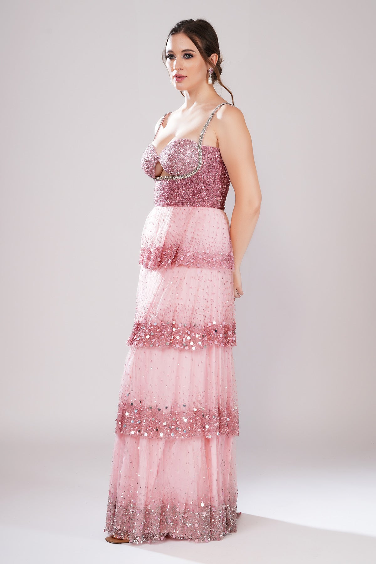 Pink Embellished Tiered Gown
