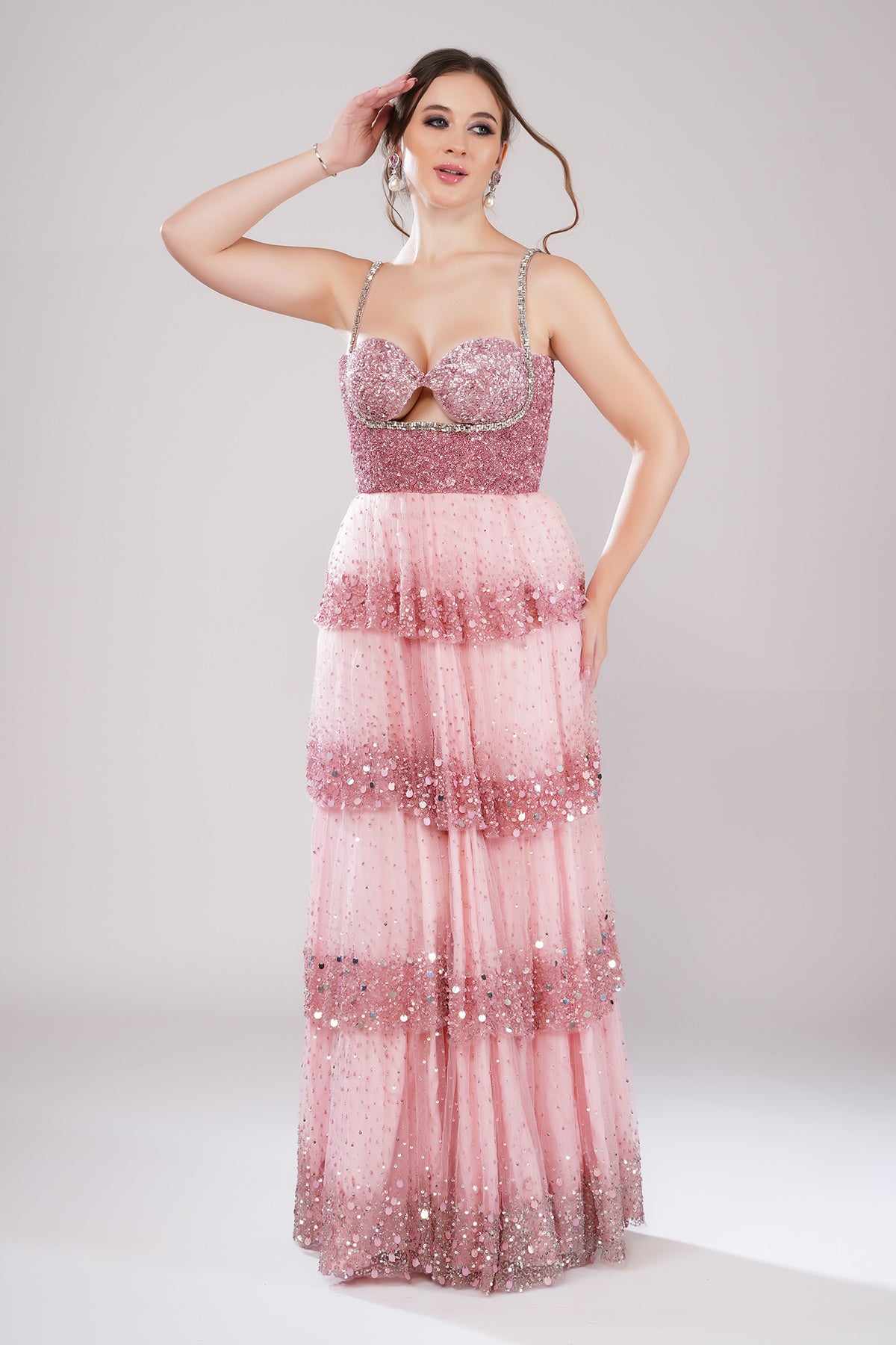Pink Embellished Tiered Gown