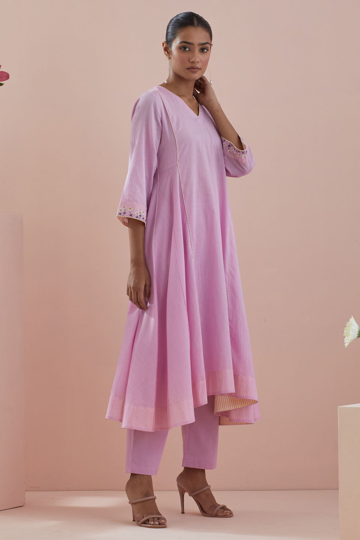 Cotton Pink Embroidered Anarkali Set