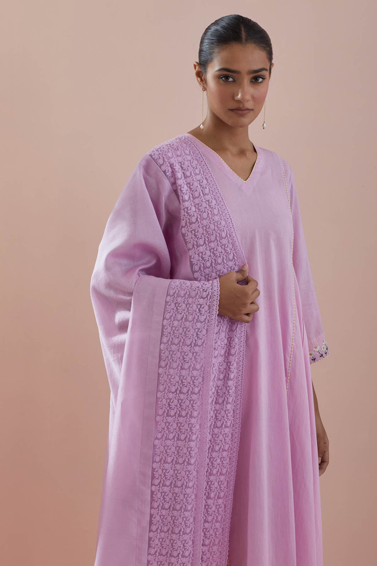 Cotton Pink Embroidered Anarkali Set