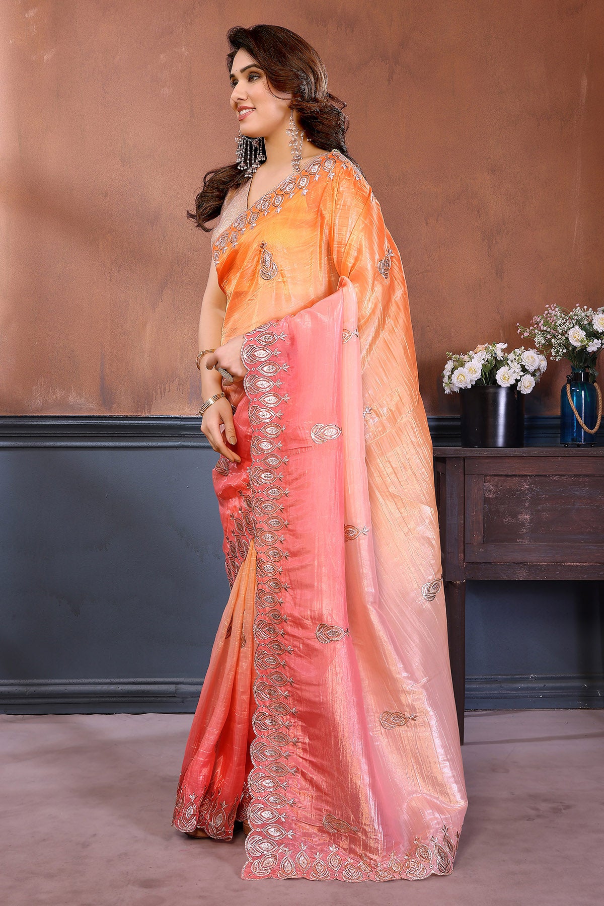 Pink Embroidered Crush Saree