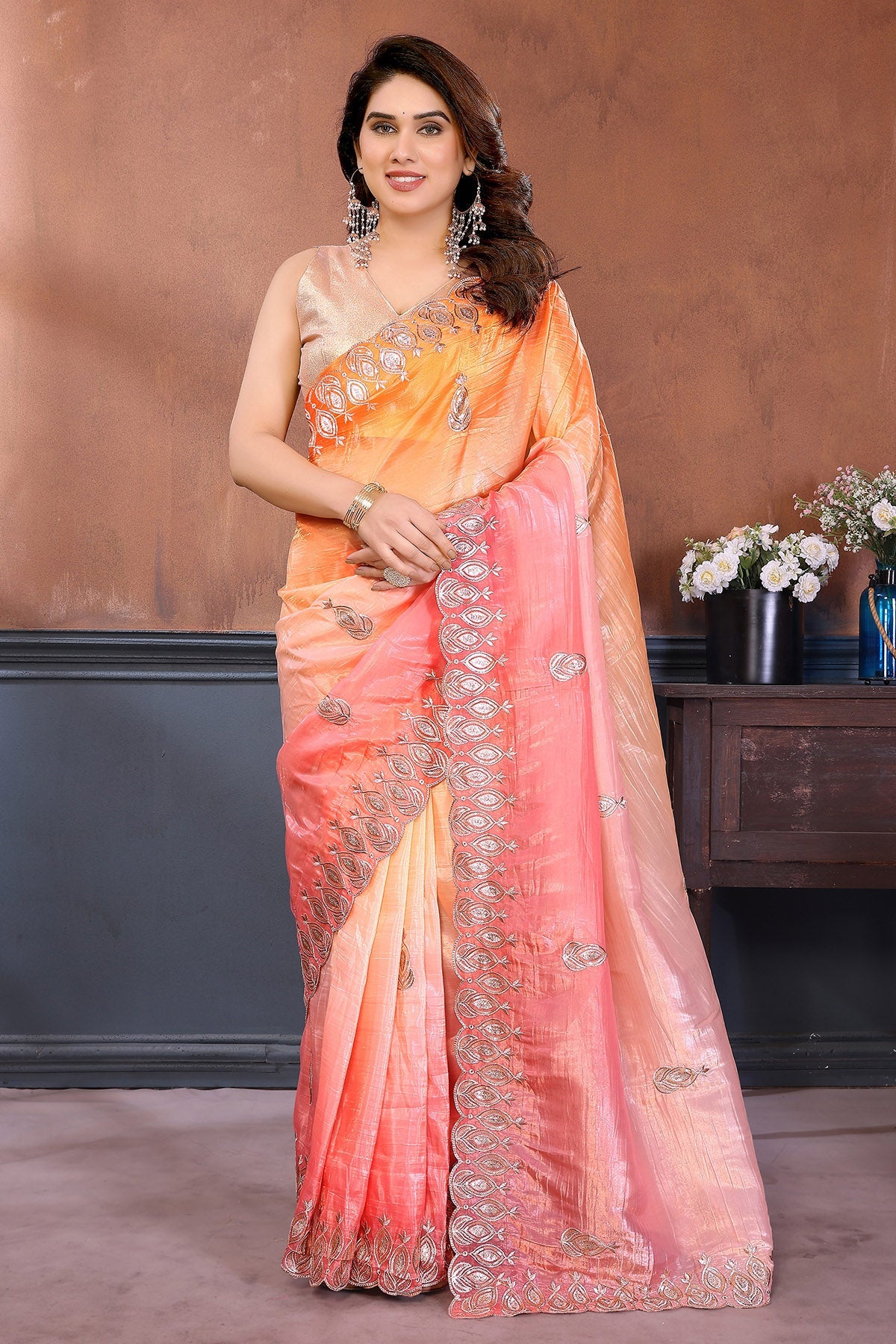 Buy Pink Embroidered Crush Saree for women by Aastha Fashion online available at scrollnshops