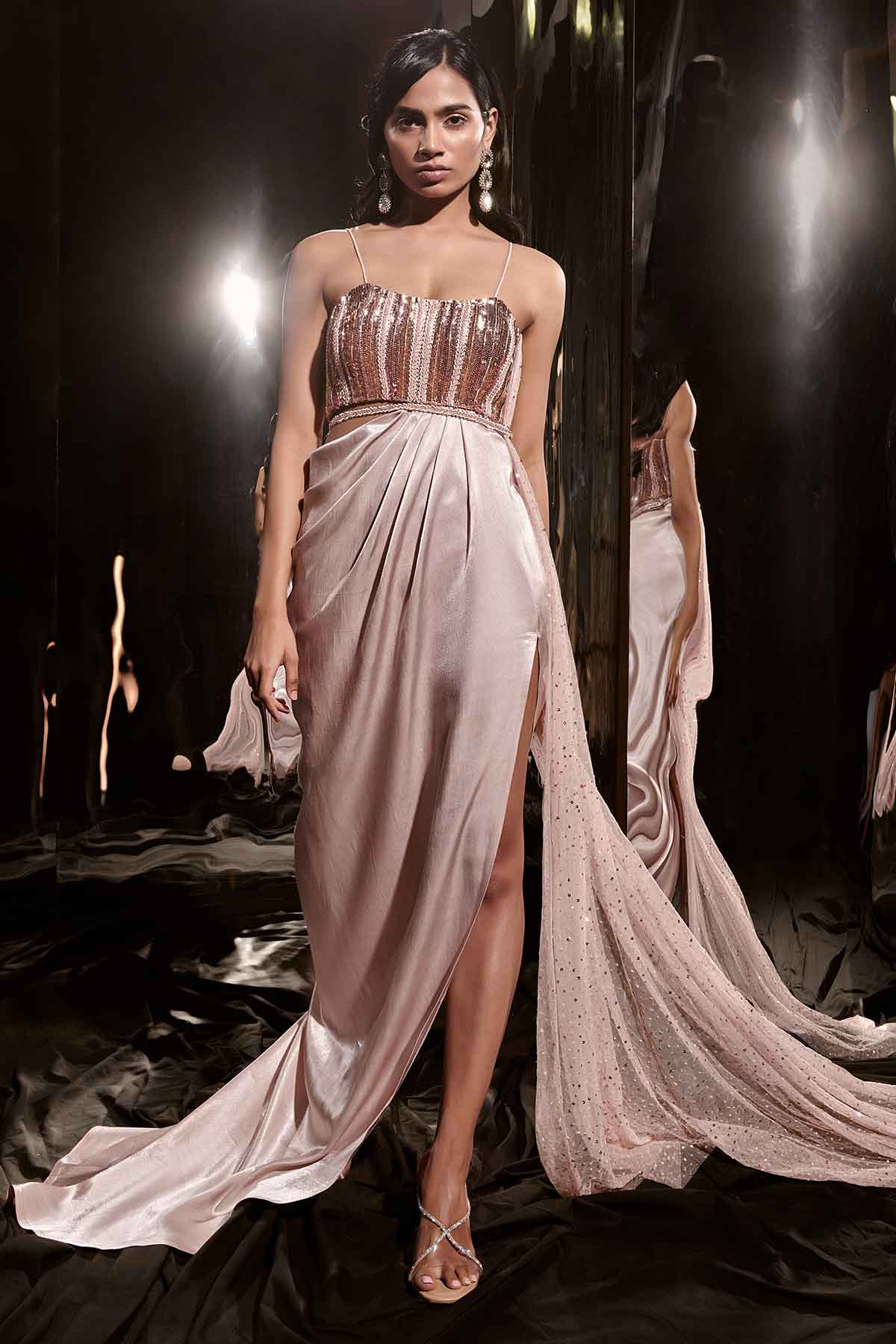 Pink Embroidered Drape Dress