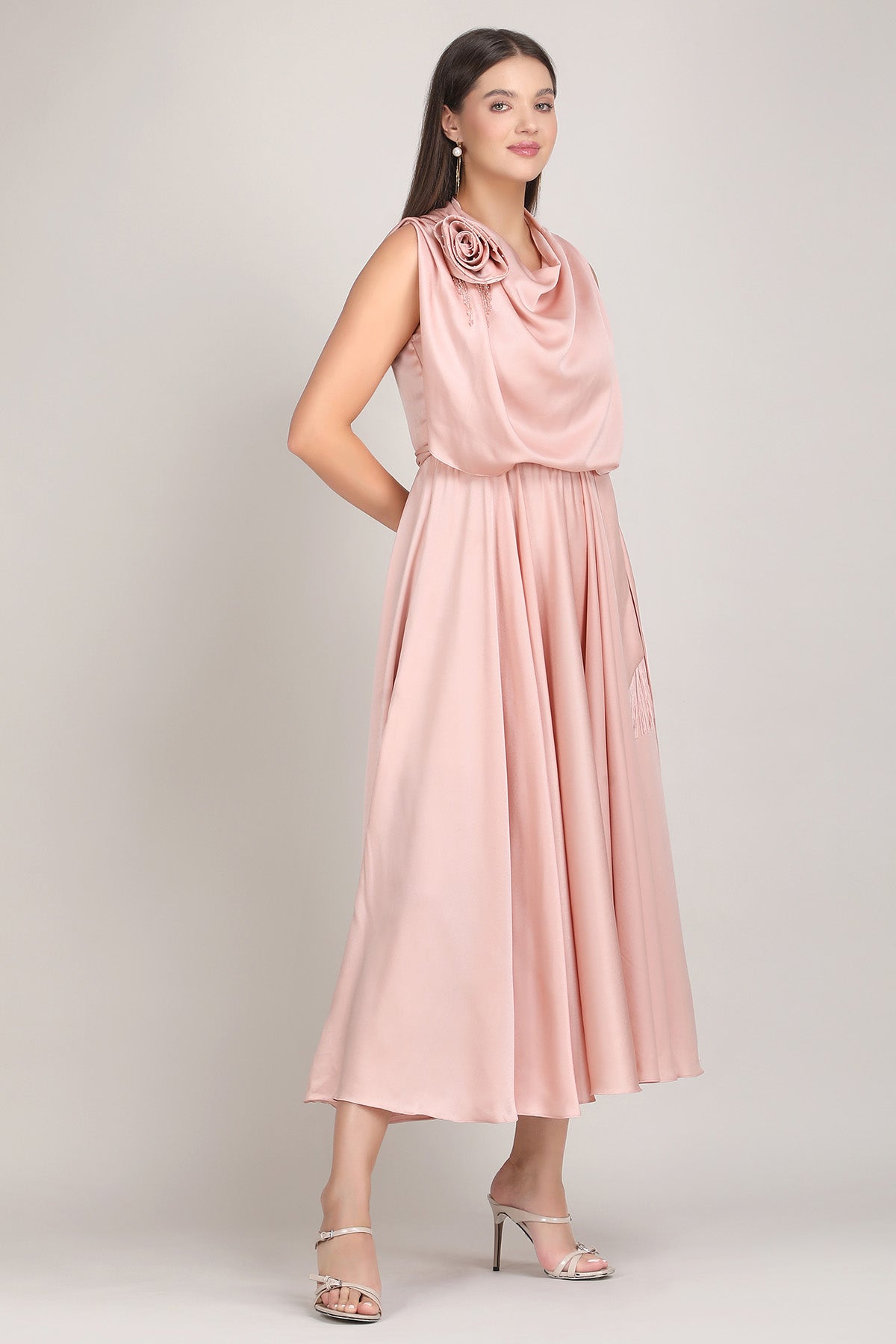 Pink Embroidered Draped Dress